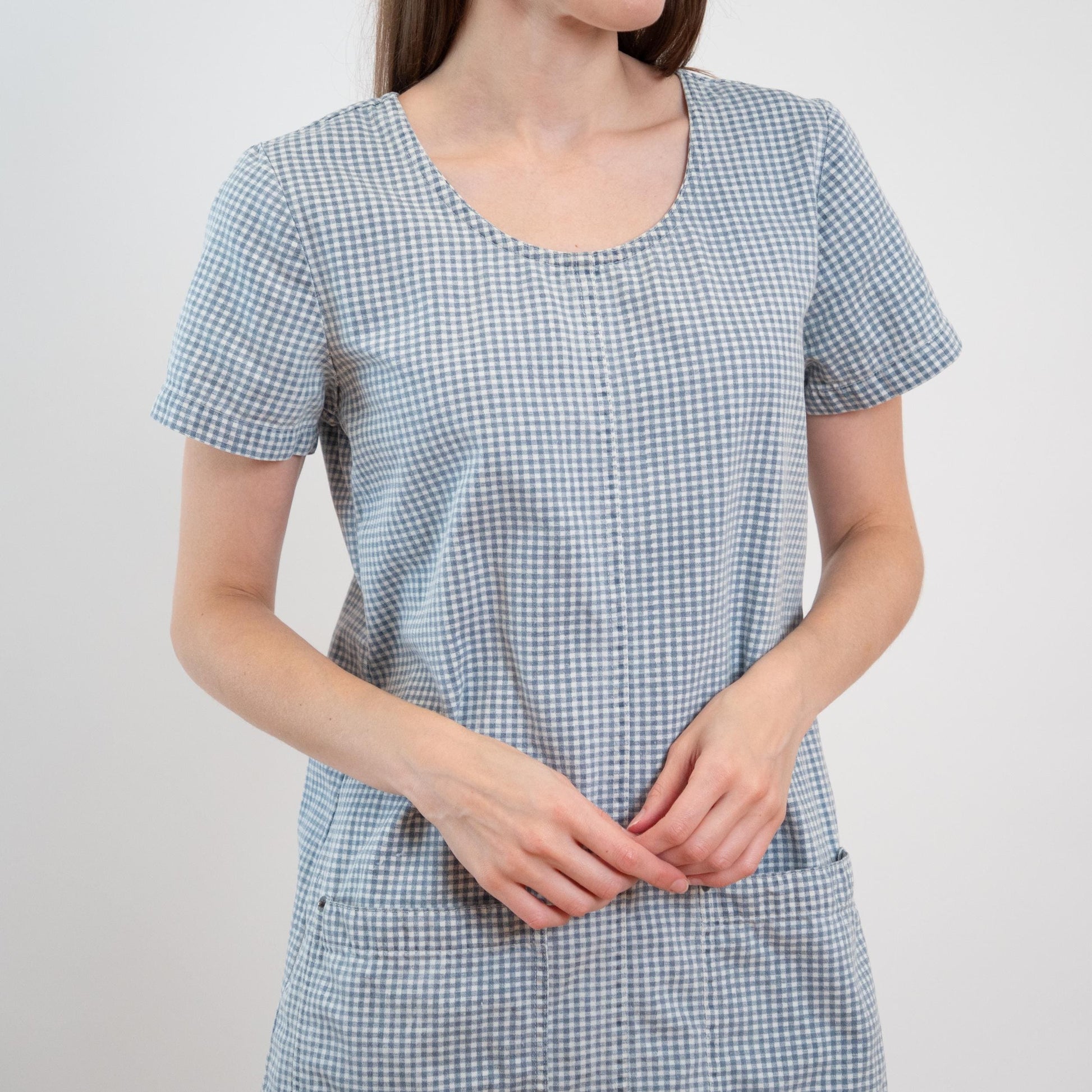 Vintage 90s Blue Gingham Mini Chore Dress - Small