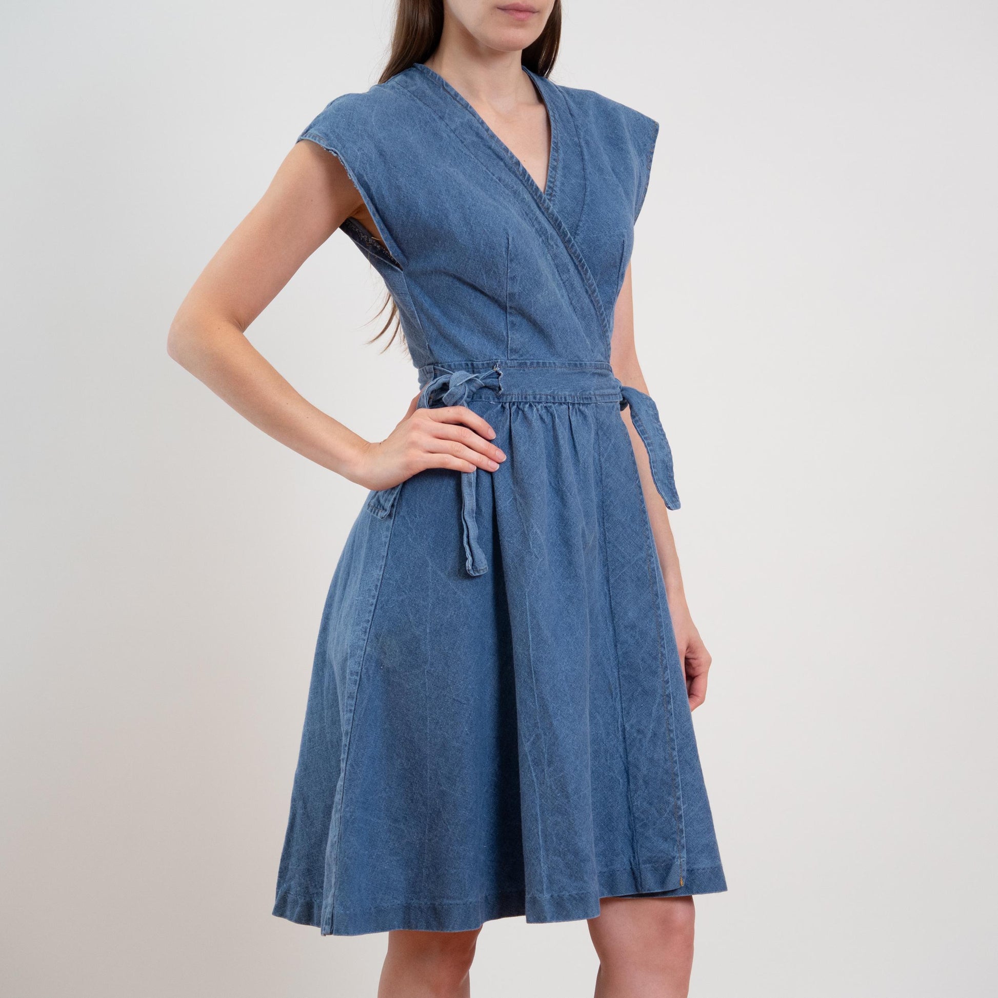 Vintage 70s Denim Midi Wrap Dress - XS to Small | Boho A-Line Cap Sleeve Dress