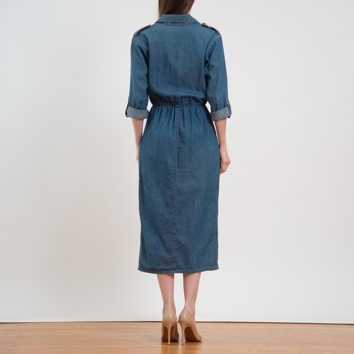 Vintage 80s Chambray Roll Tab Sleeve Midi Shirtdress - Medium