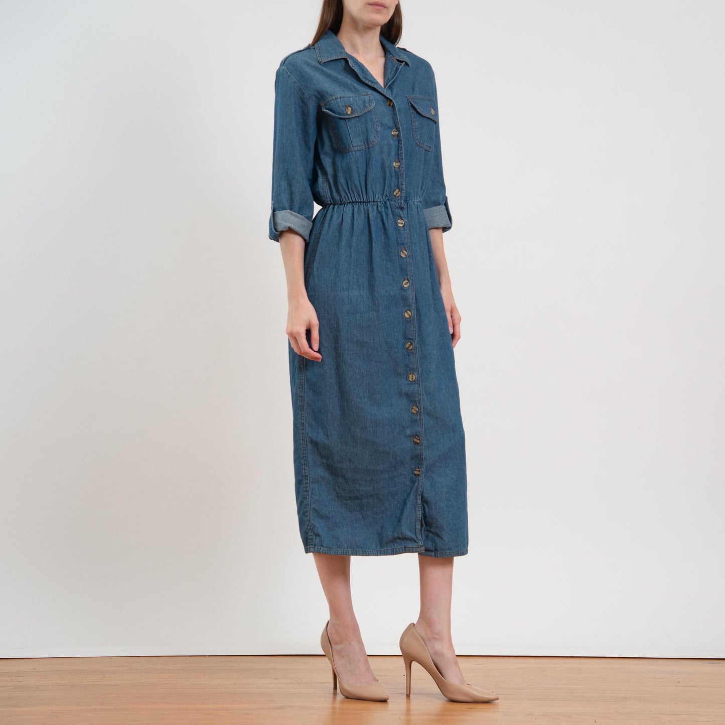 Vintage 80s Chambray Roll Tab Sleeve Midi Shirtdress - Medium