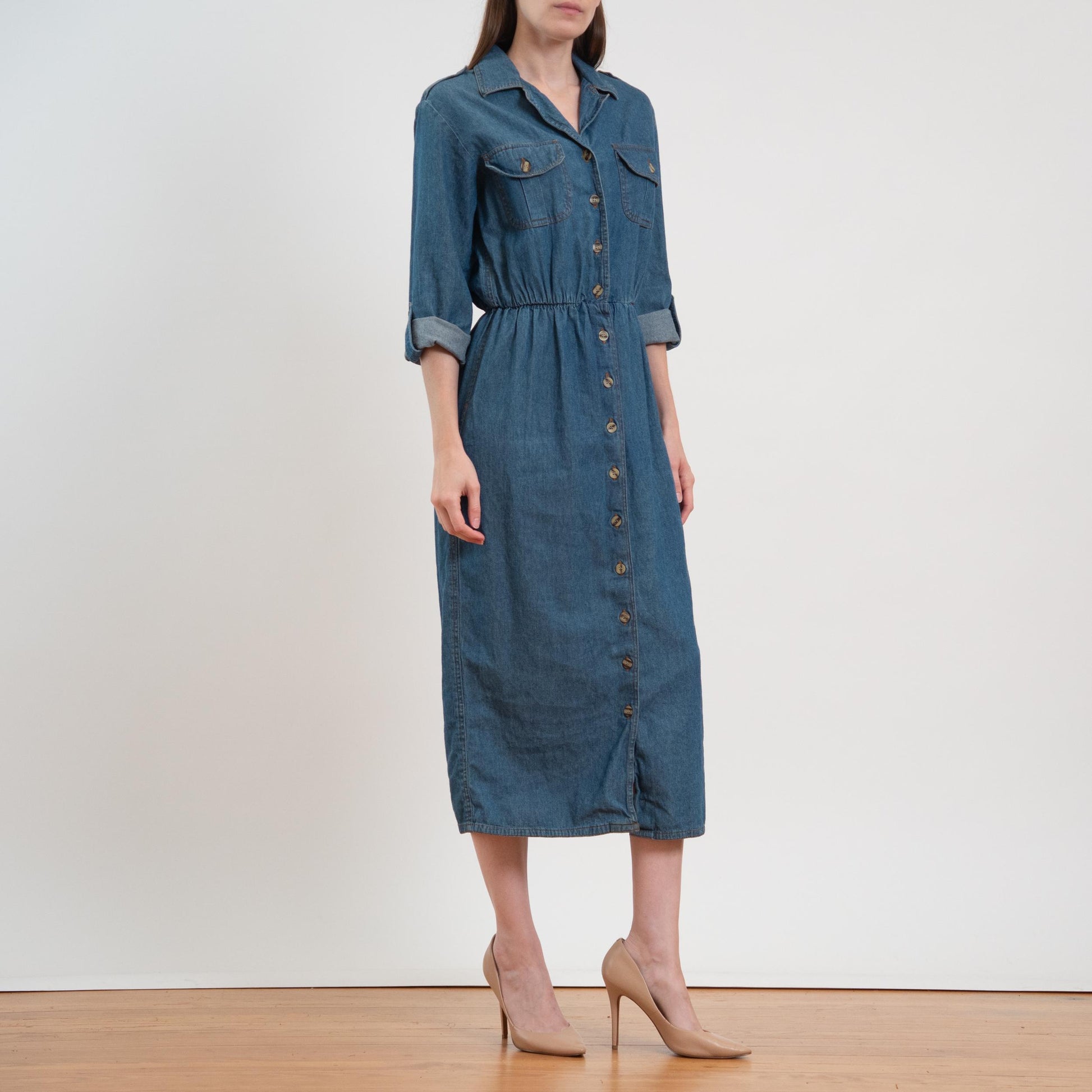 Vintage 80s Chambray Roll Tab Sleeve Midi Shirtdress - Medium
