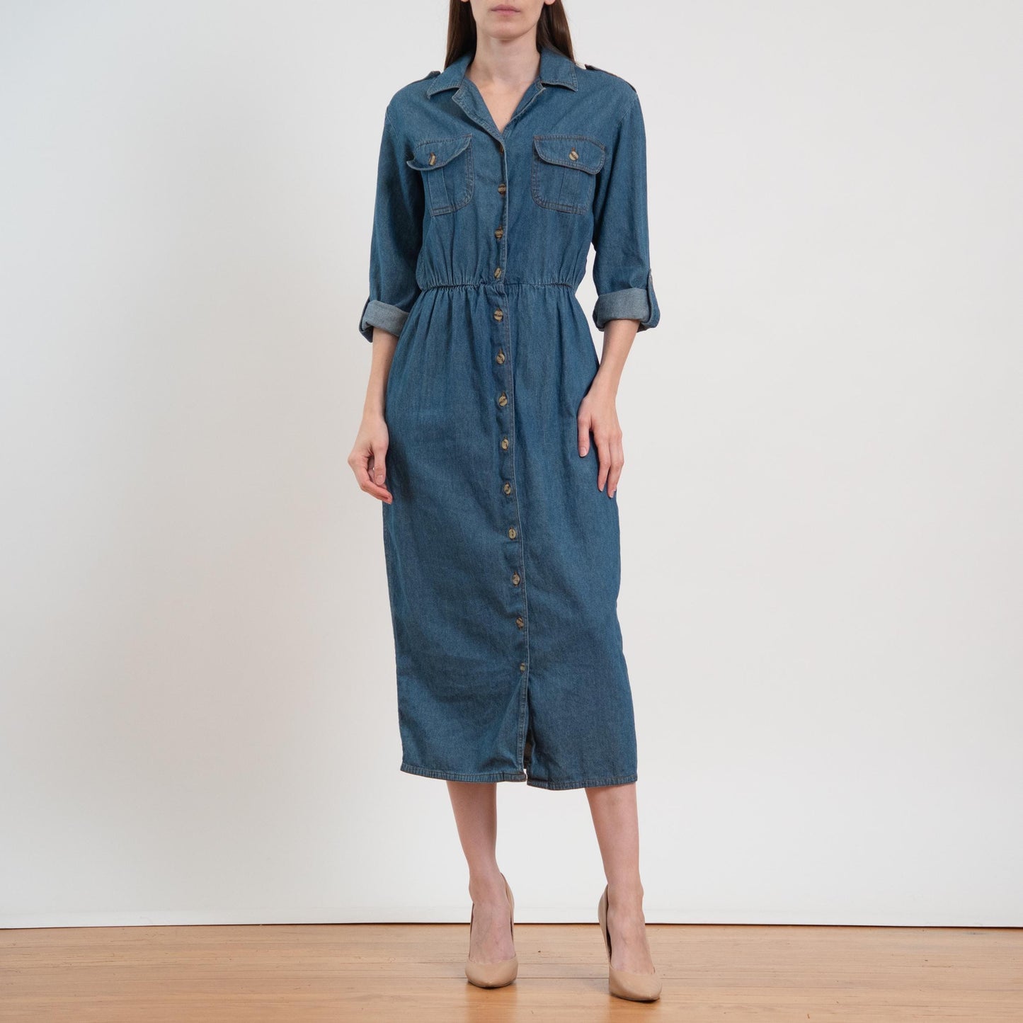 Vintage 80s Chambray Roll Tab Sleeve Midi Shirtdress - Medium
