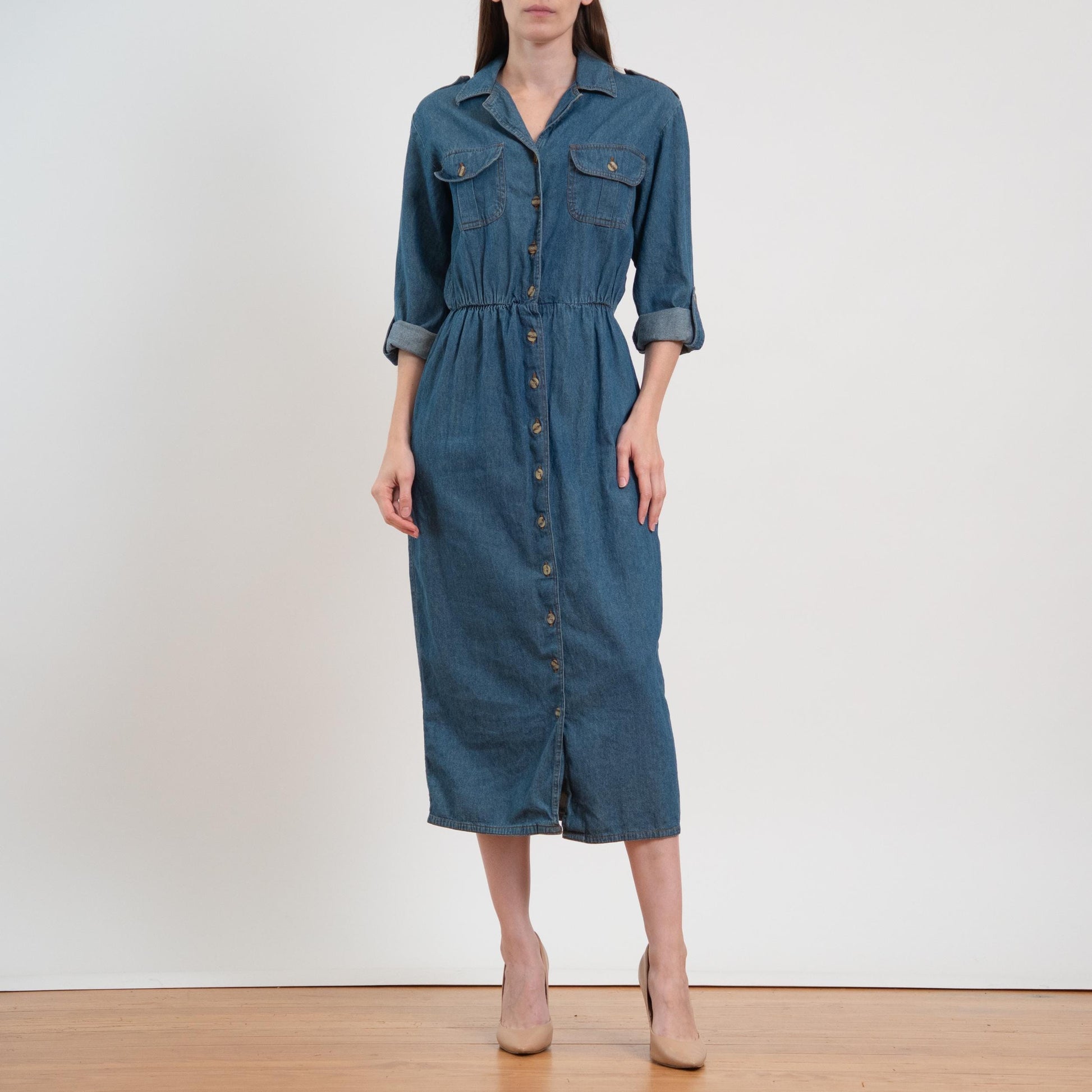 Vintage 80s Chambray Roll Tab Sleeve Midi Shirtdress - Medium