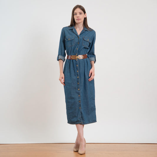 Vintage 80s Chambray Roll Tab Sleeve Midi Shirtdress - Medium