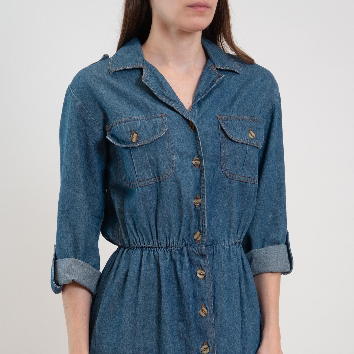 Vintage 80s Chambray Roll Tab Sleeve Midi Shirtdress - Medium
