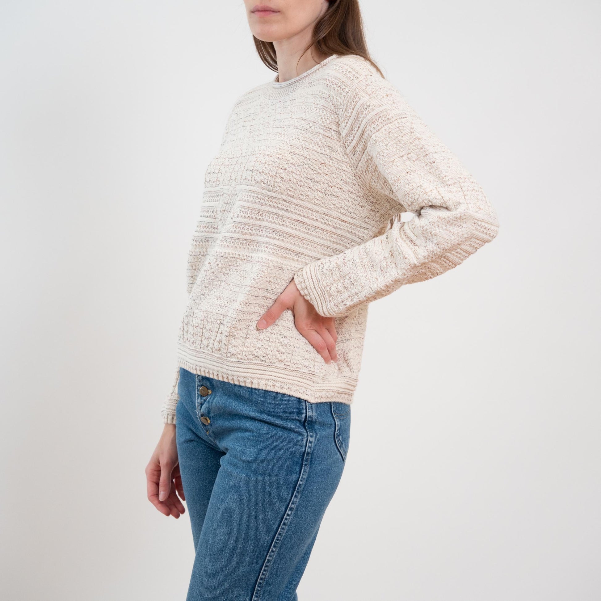 Vintage 80s Cotton Cable Knit Roll Neck Sweater - Small