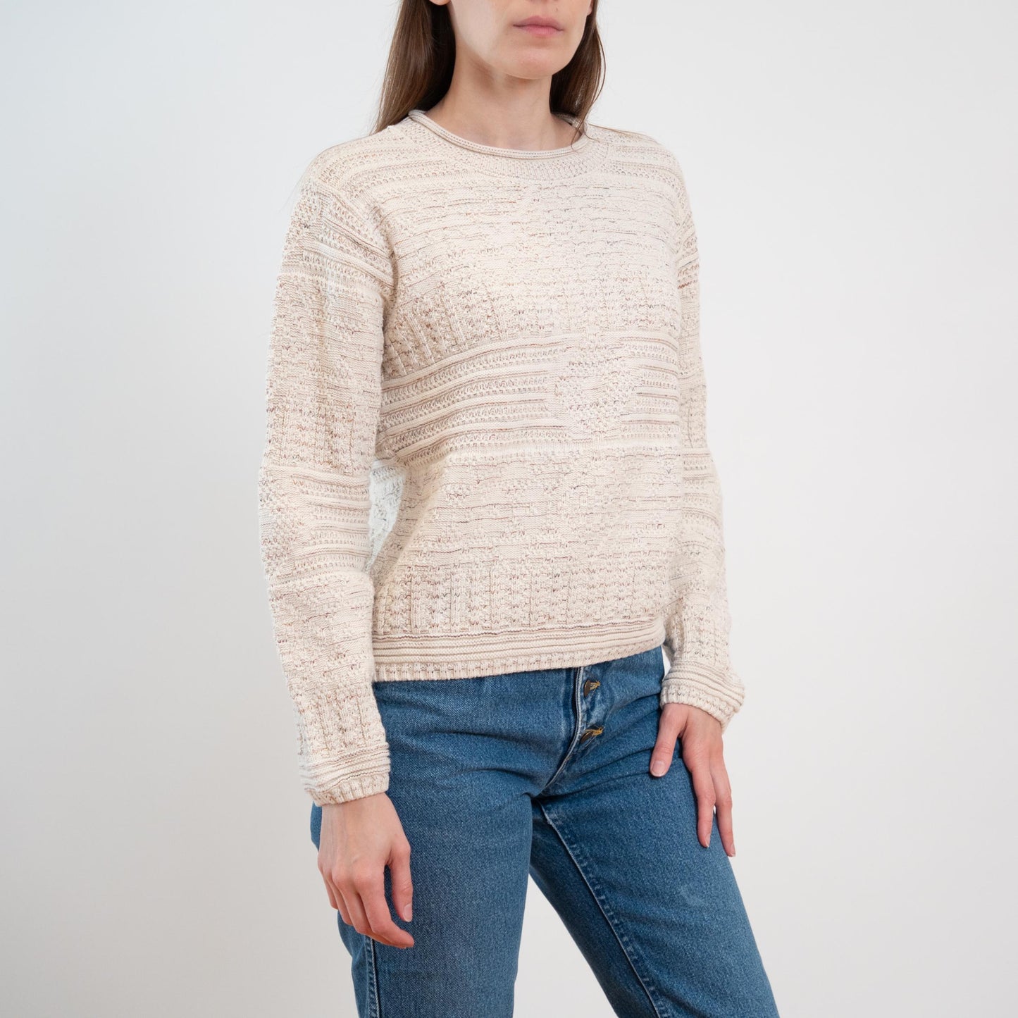 Vintage 80s Cotton Cable Knit Roll Neck Sweater - Small