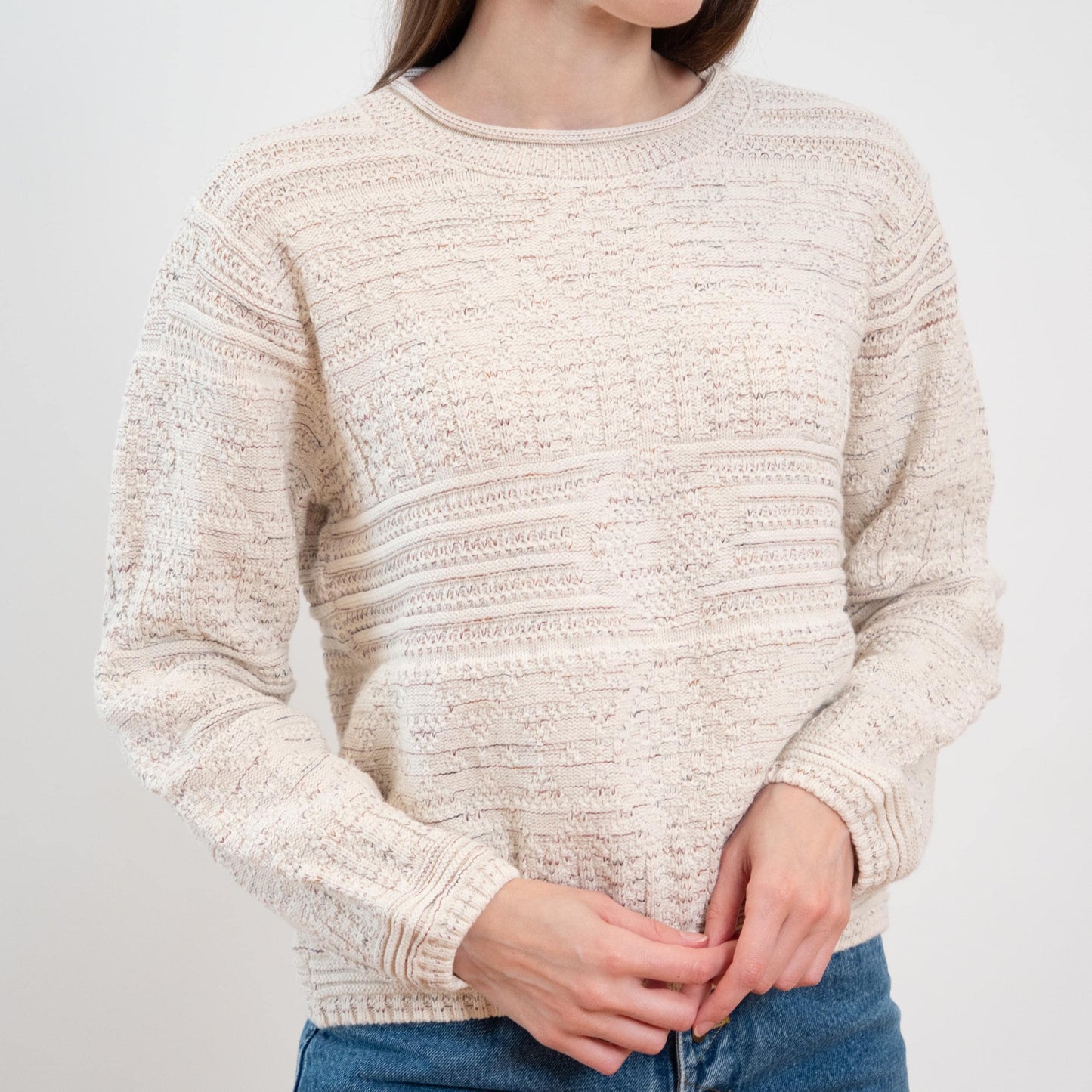 Vintage 80s Cotton Cable Knit Roll Neck Sweater - Small