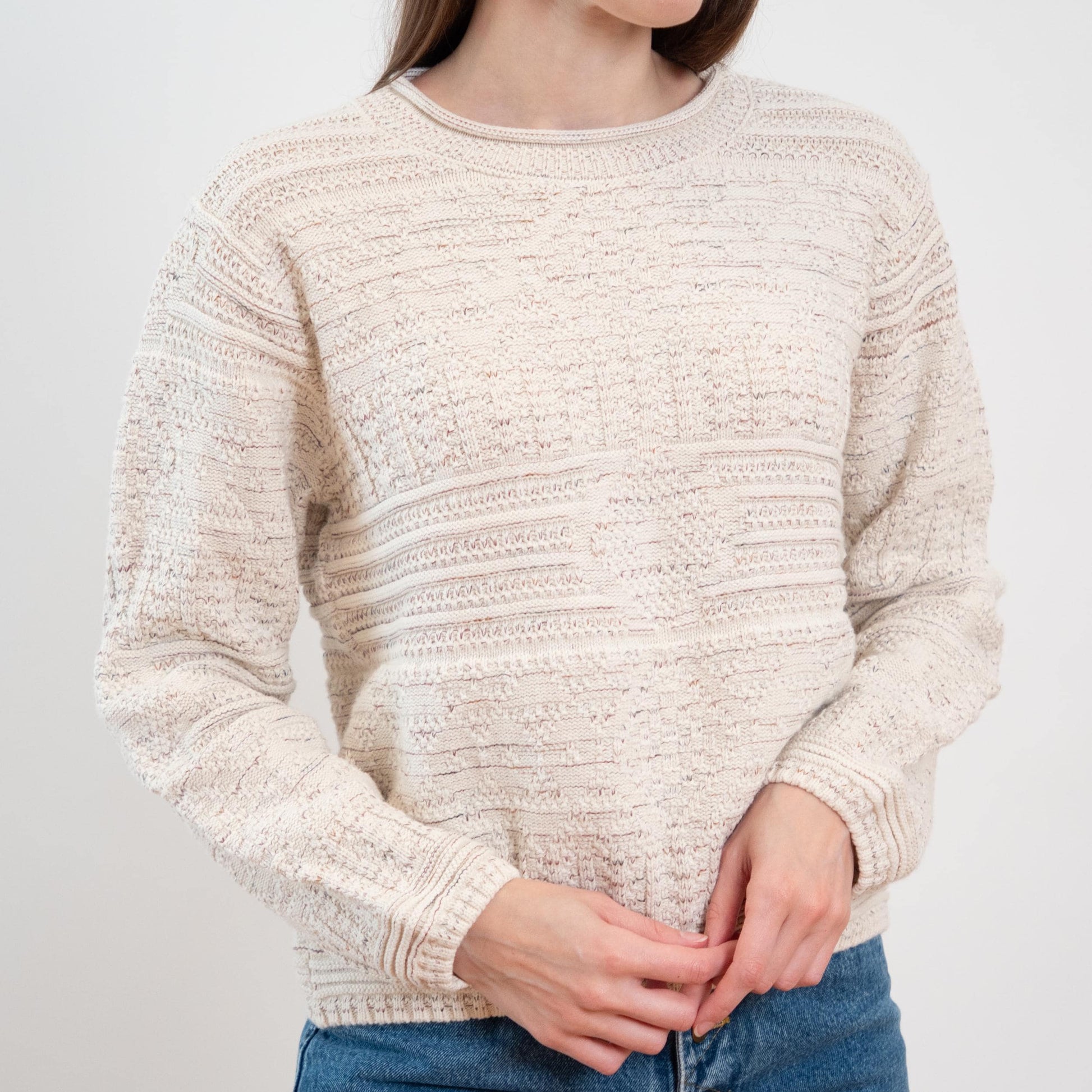 Vintage 80s Cotton Cable Knit Roll Neck Sweater - Small
