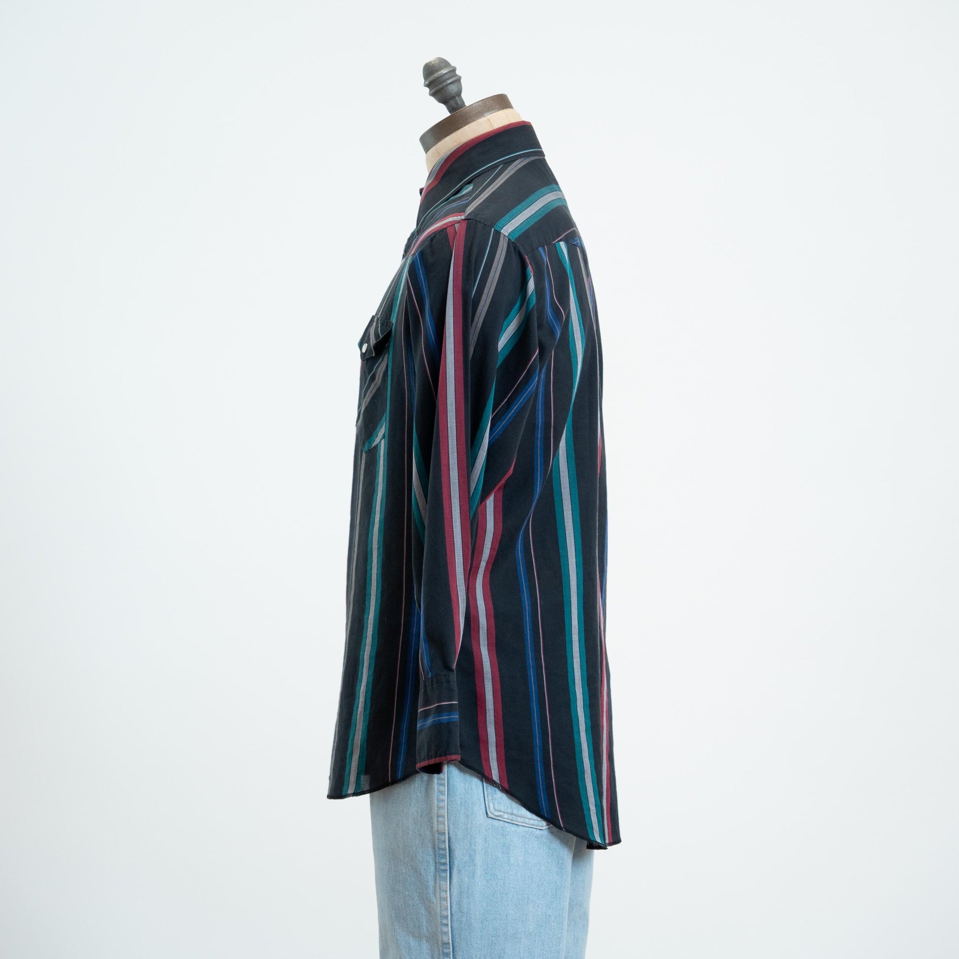 Vintage 80s Black Striped Pearl Snap Western Shirt - Large