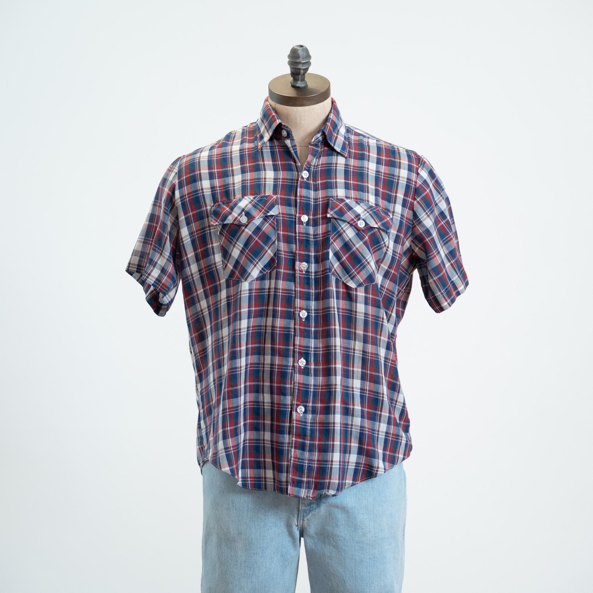 Vintage 80s Plaid Paper Thin Collared Shirt - Large