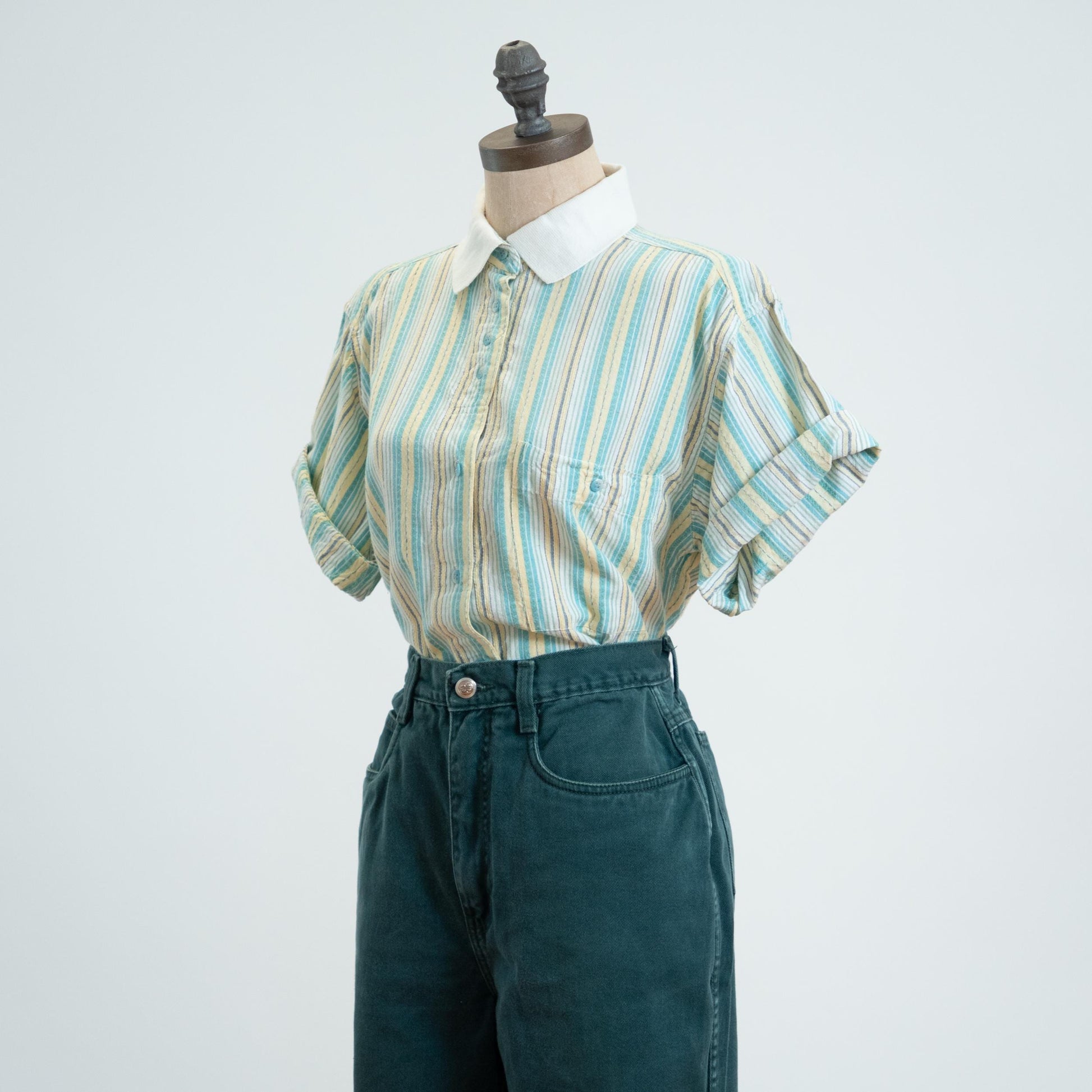 Vintage 90s Mint Candy Striped Cotton Shirt - Small