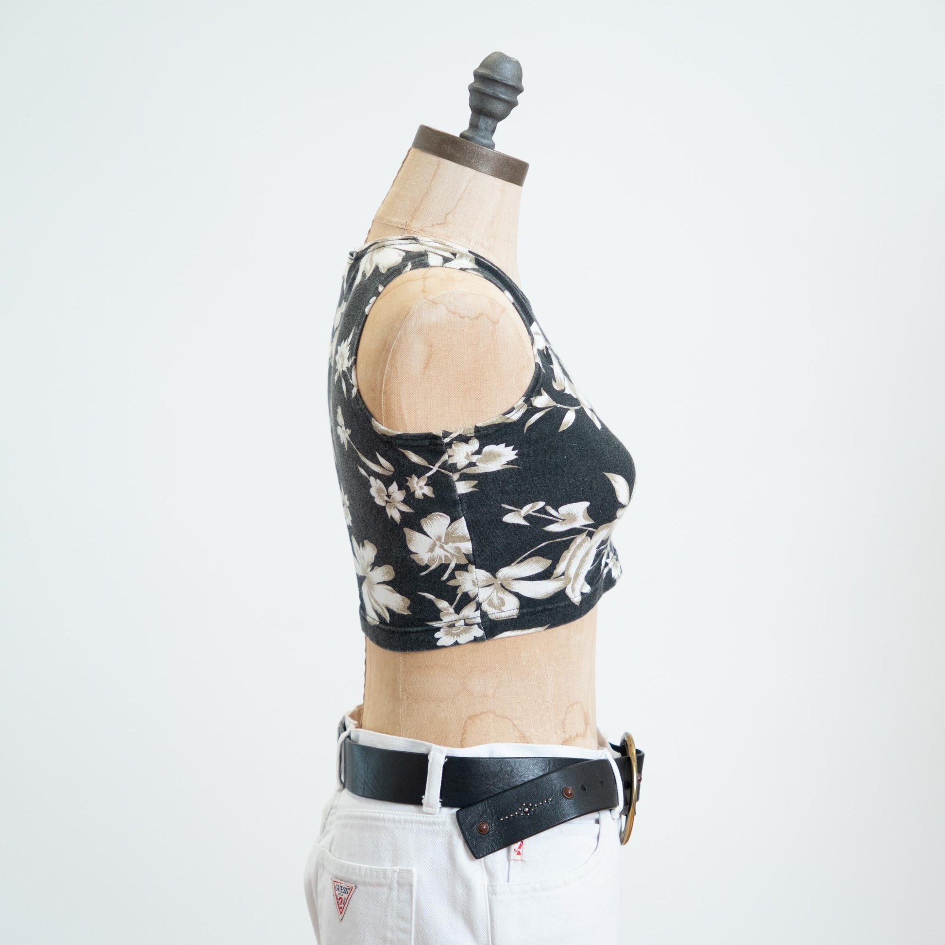 Vintage 90s Black Floral Micro Crop Top - Small