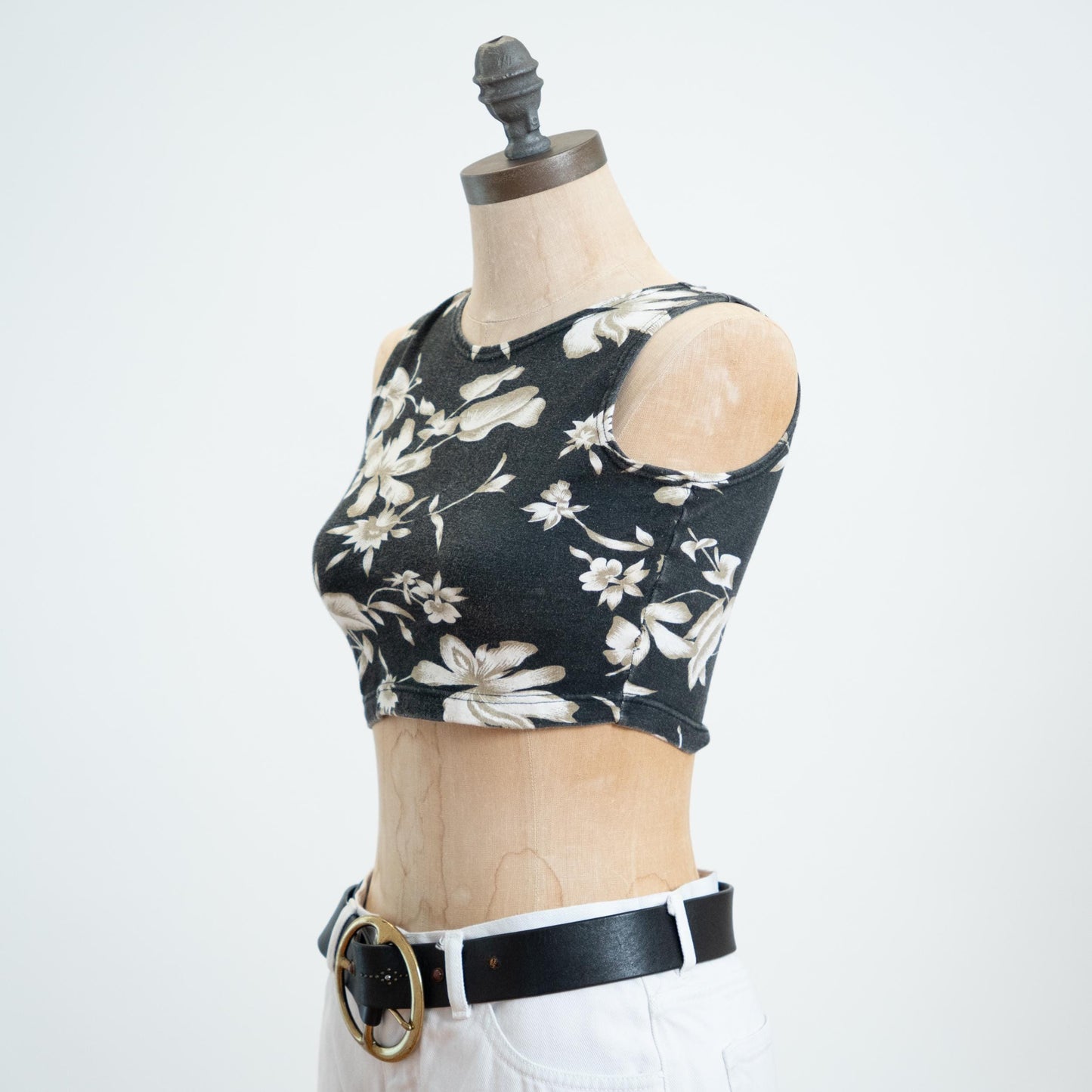 Vintage 90s Black Floral Micro Crop Top - Small
