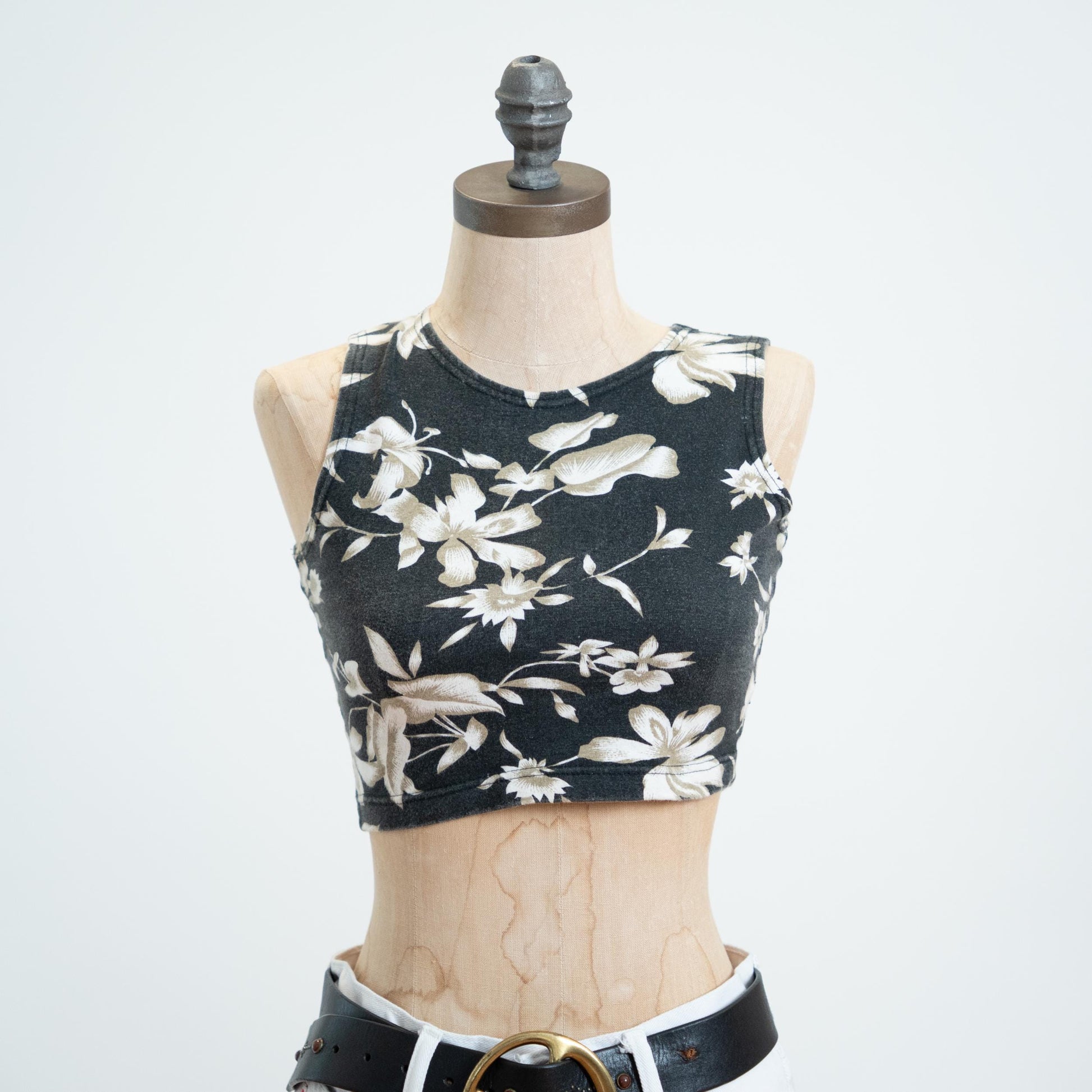 Vintage 90s Black Floral Micro Crop Top - Small