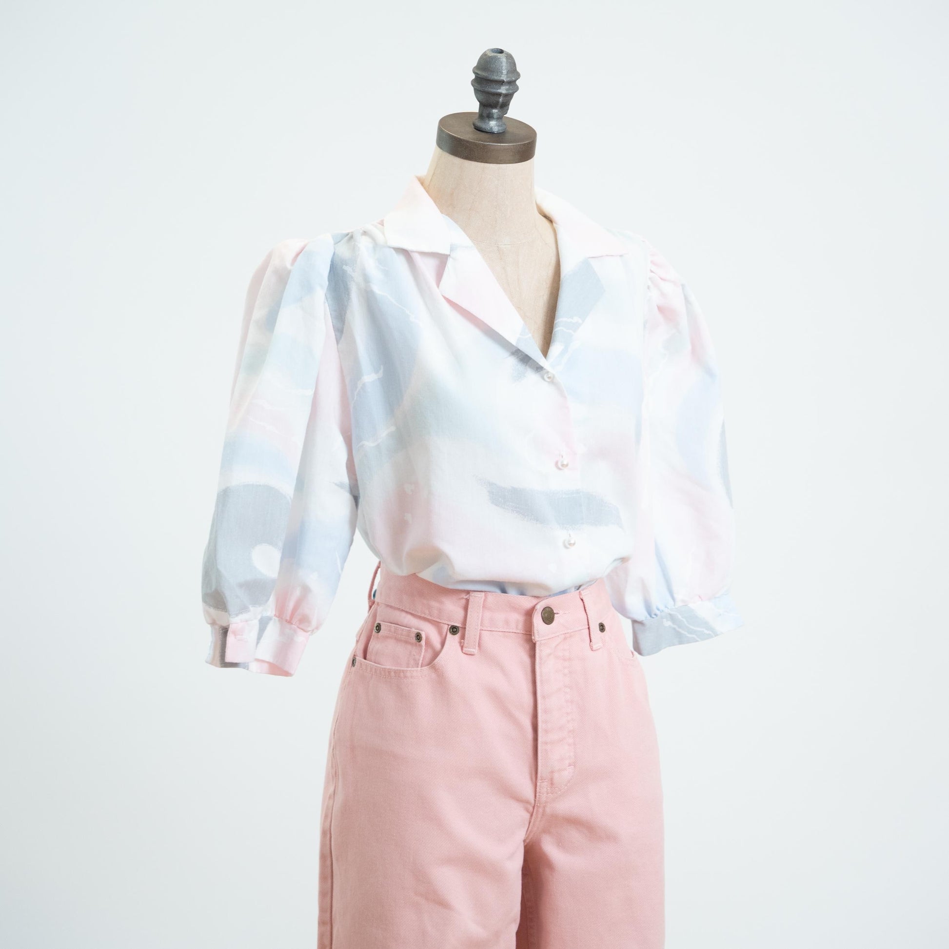 Vintage 80s Cotton Candy Puff Sleeve Blouse - Large