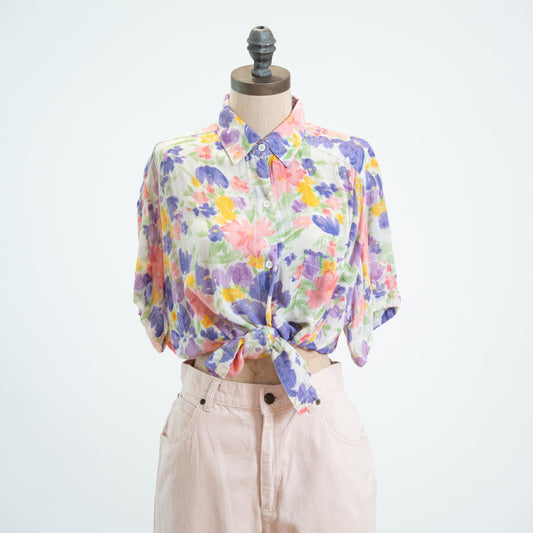 Vintage 90s Gauzy Watercolor Floral Blouse - Small
