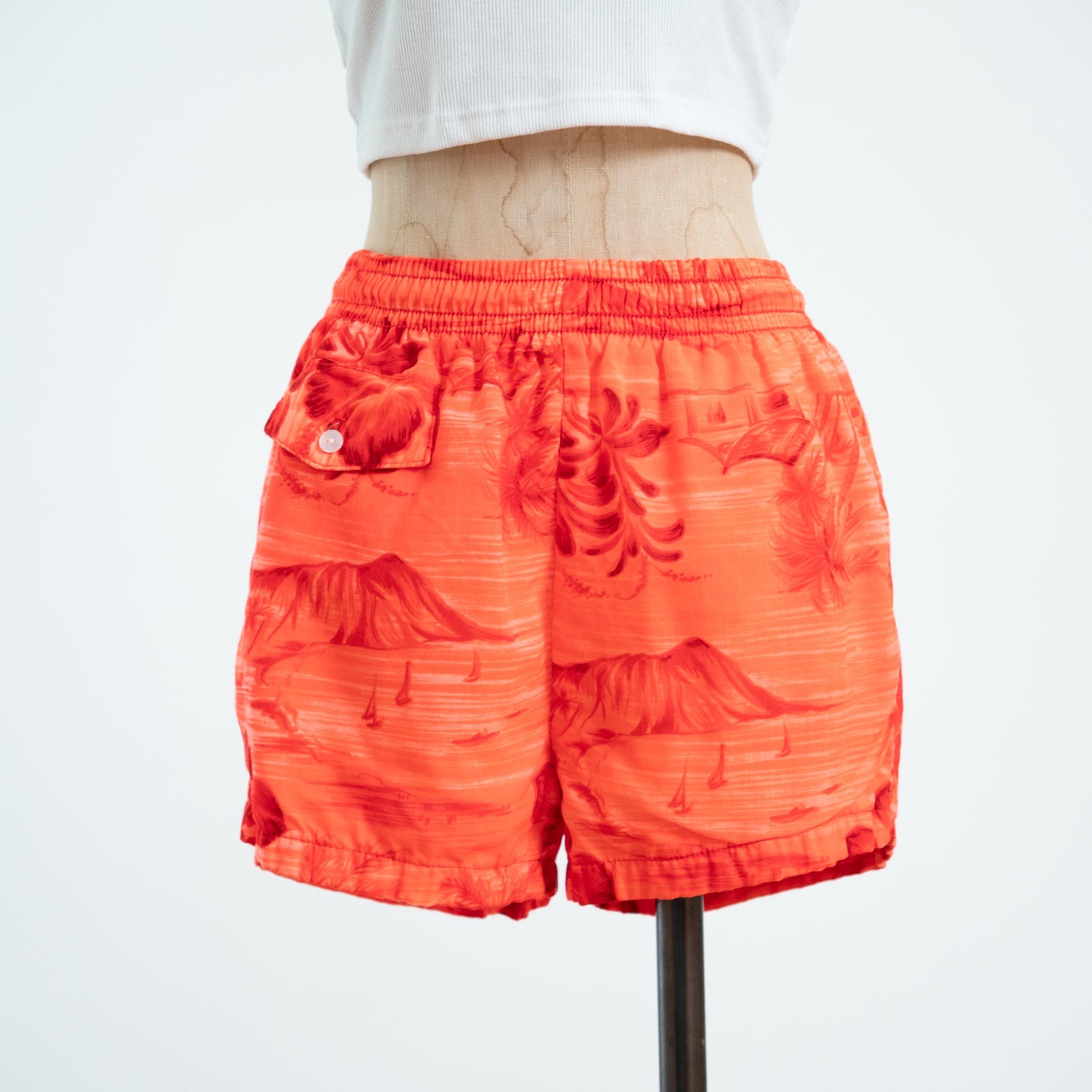 Vintage 80s Neon Orange Hawaiian Swim Shorts- Small 