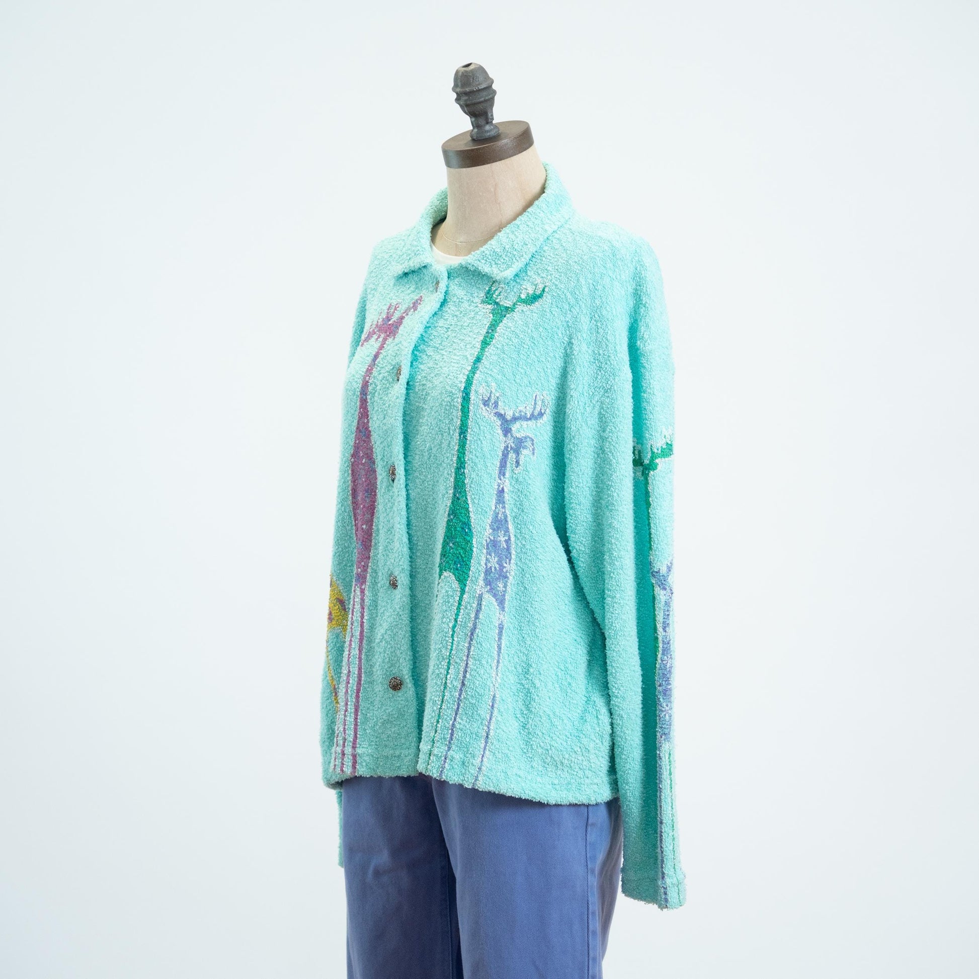 Vintage 80s Terry Cloth Moose Cardigan - Extra Large