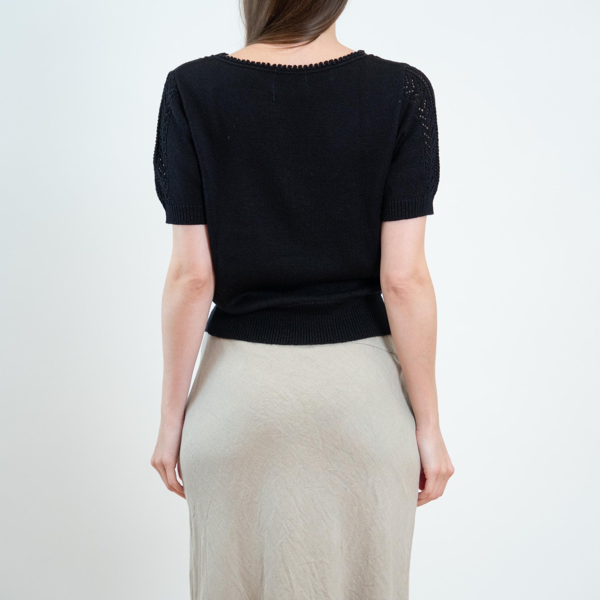 Vintage 60s 70s Black Pointelle Knit Crop Top - Medium