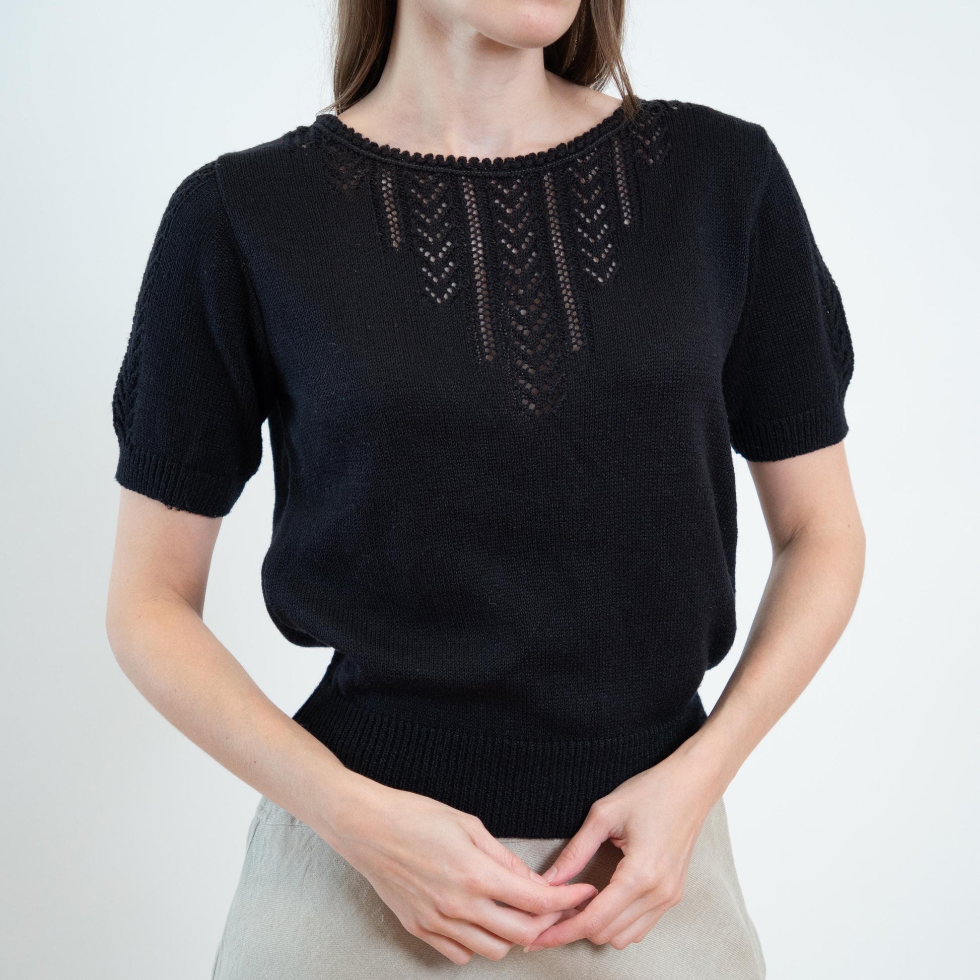 Vintage 60s 70s Black Pointelle Knit Crop Top - Medium