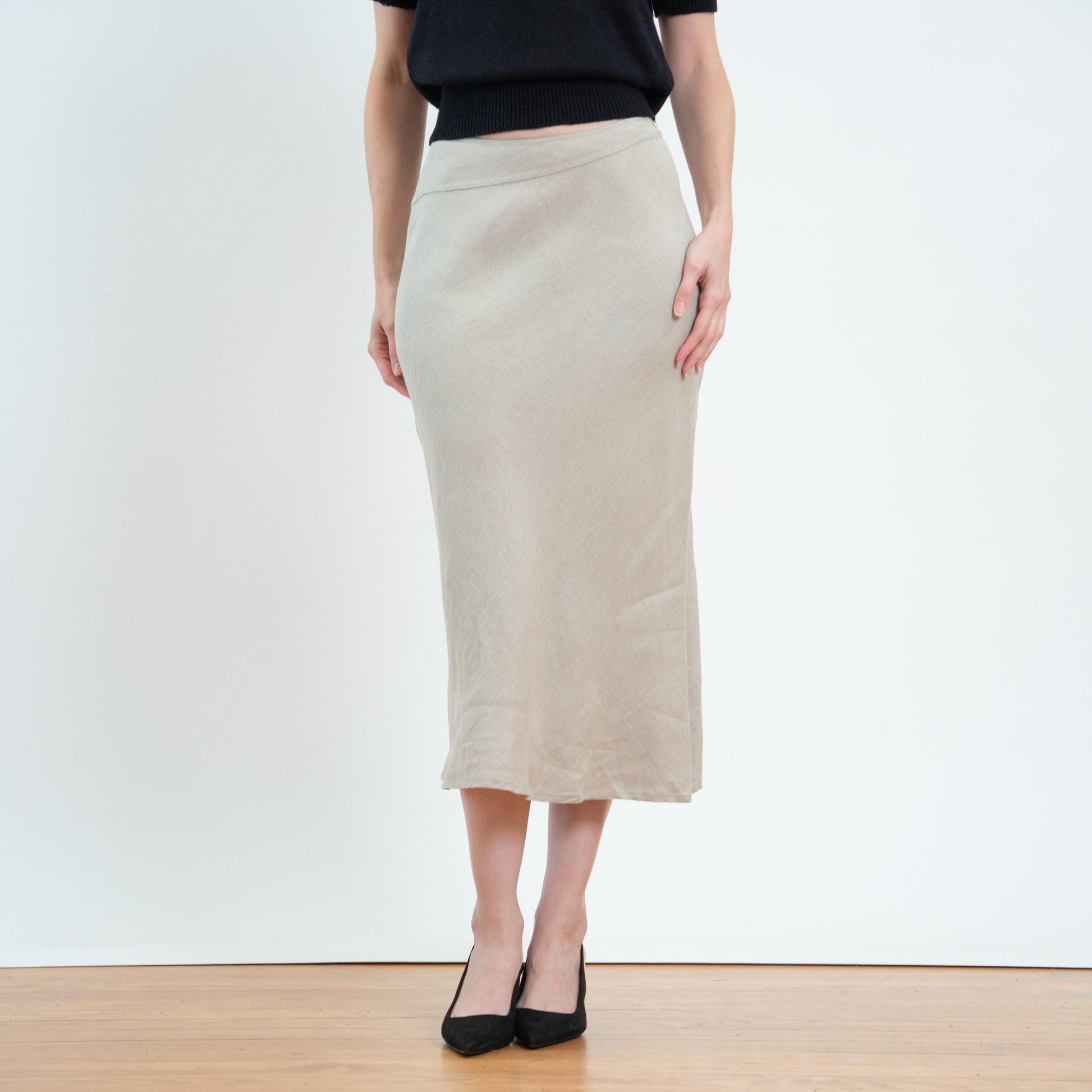 Vintage 90s Linen Bias Cut Midi Skirt - Size 6