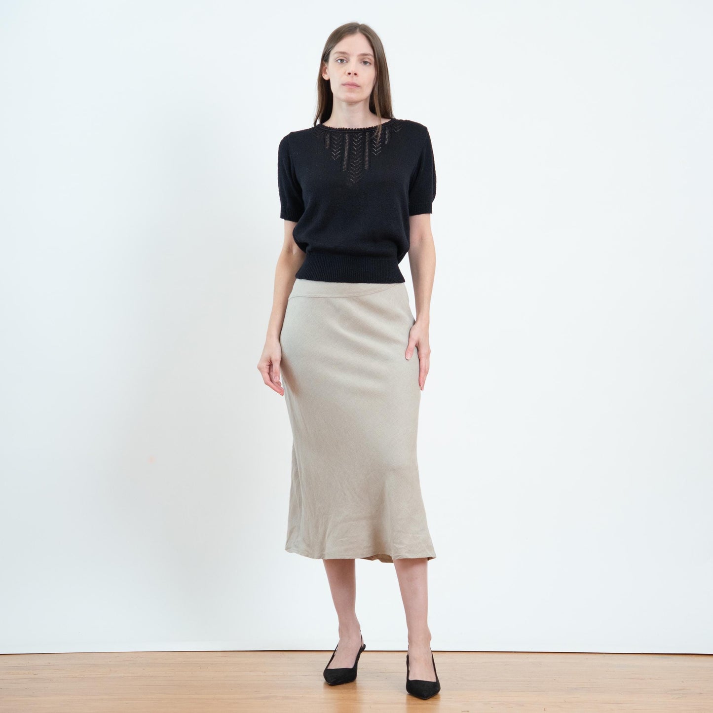 Vintage 90s Linen Bias Cut Midi Skirt - Size 6