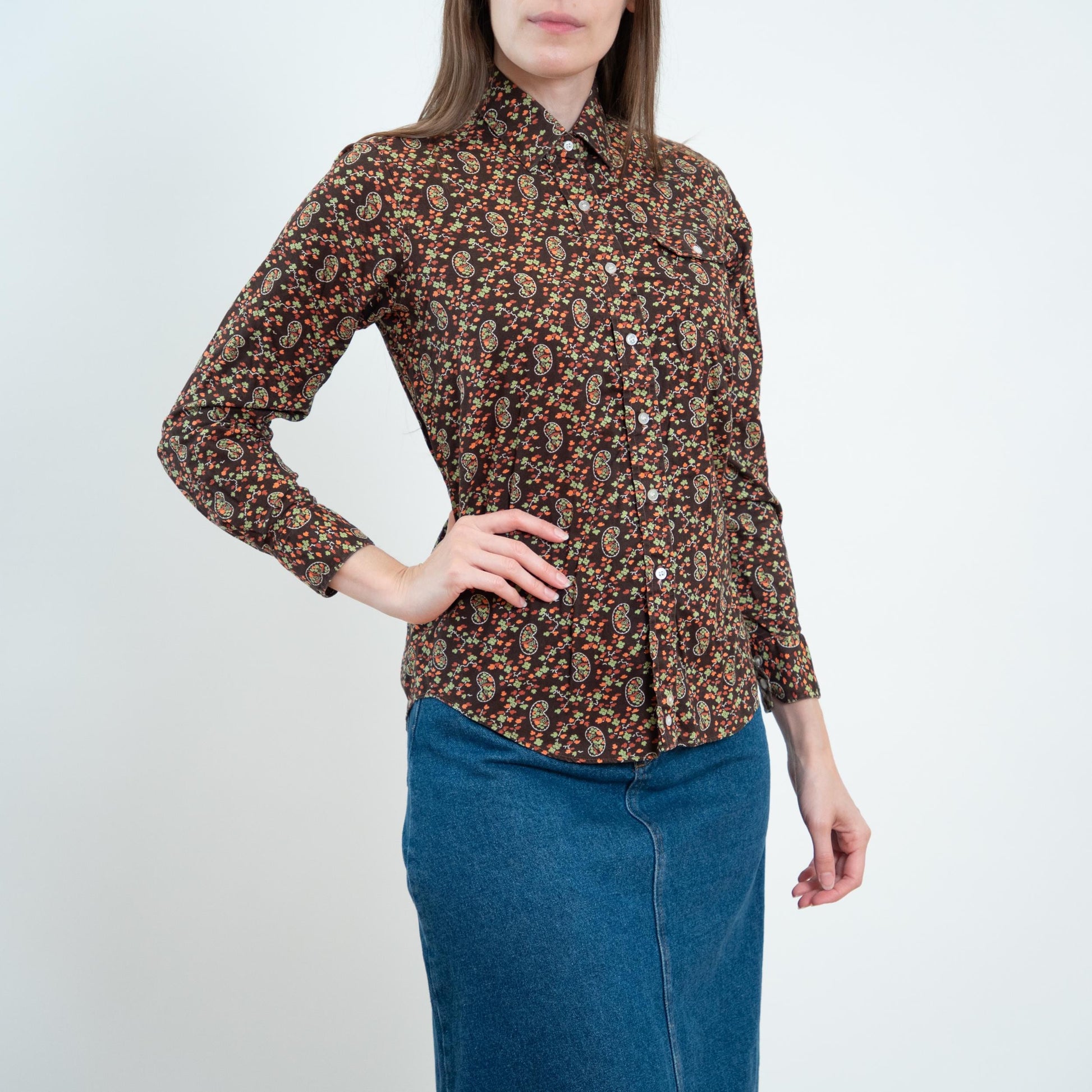 Vintage 70s Calico Floral & Paisley Print Top - XS to Small