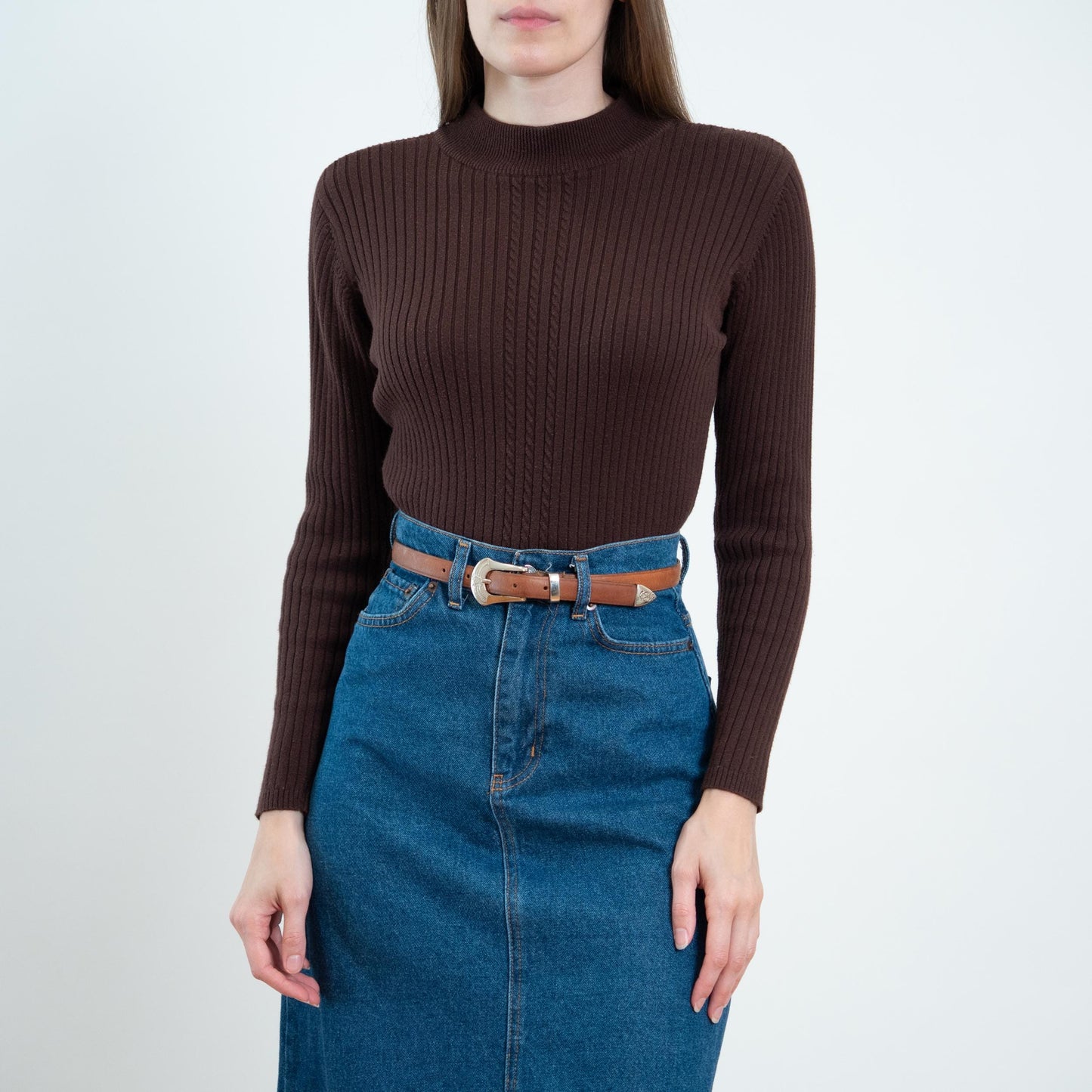 Vintage 90s Chocolate Brown Ribbed Lightweight Sweater - Small