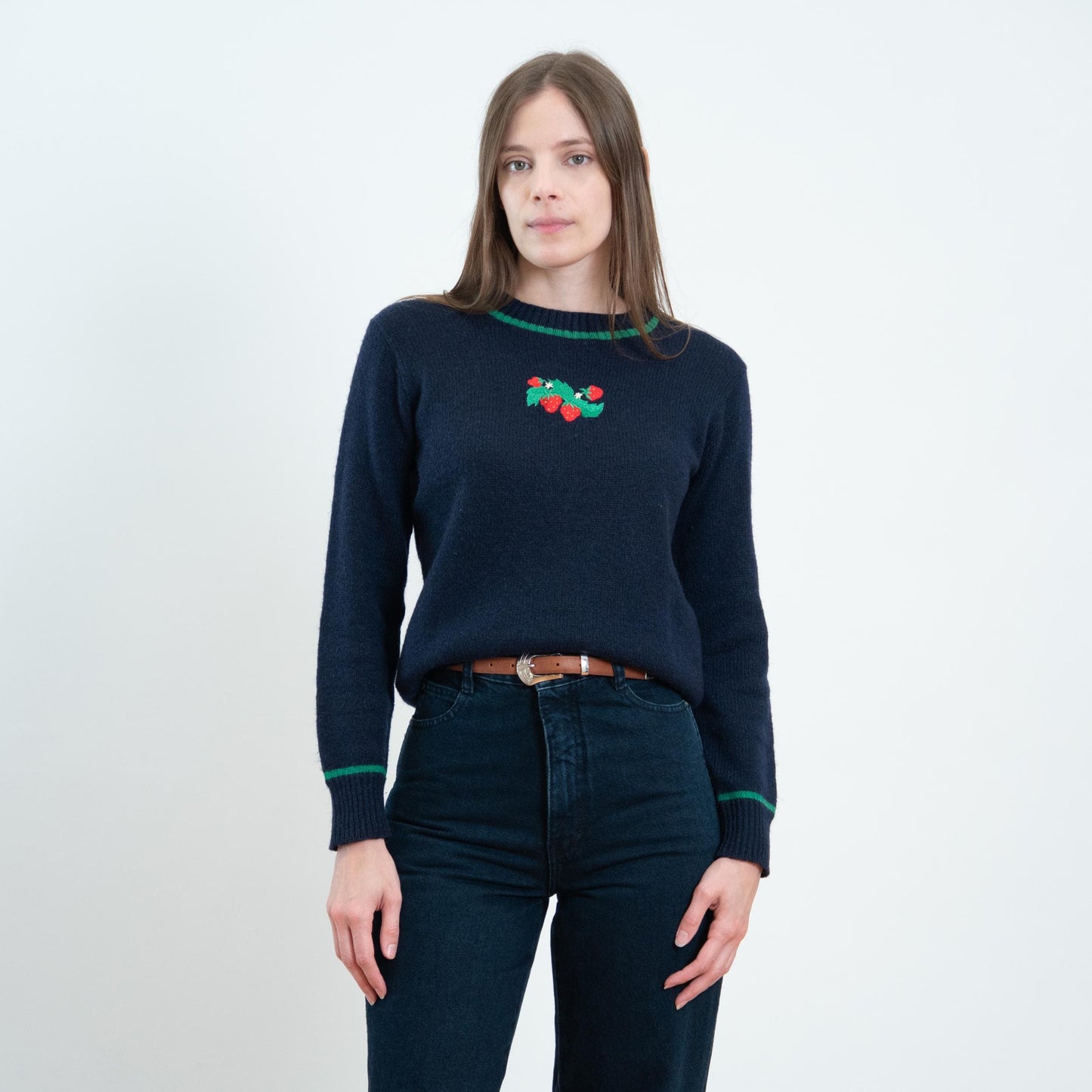 Vintage 70s Navy Blue Strawberry Sweater - Medium