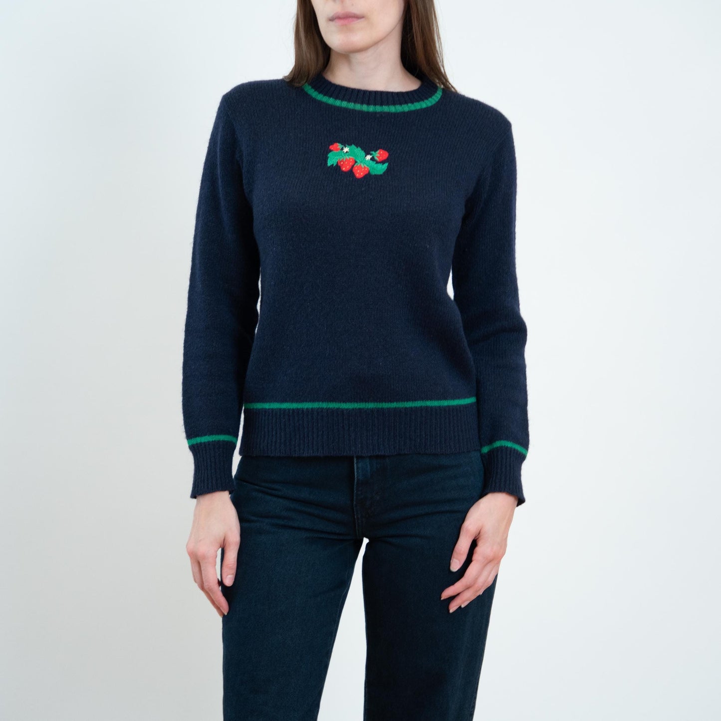 Vintage 70s Navy Blue Strawberry Sweater - Medium