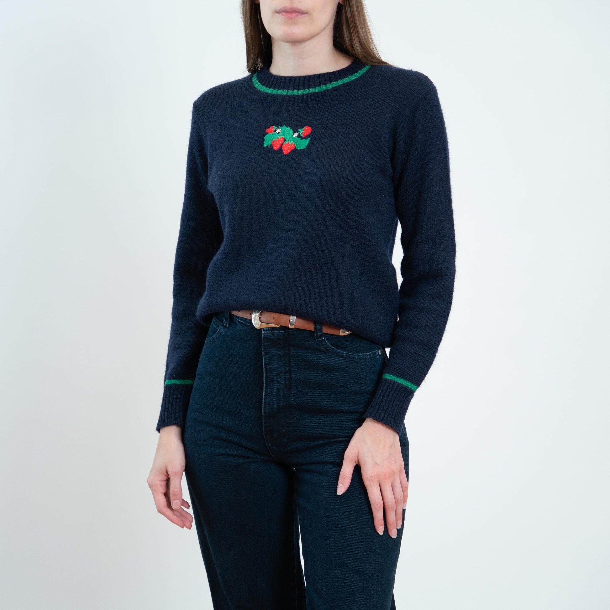 Vintage 70s Navy Blue Strawberry Sweater - Medium