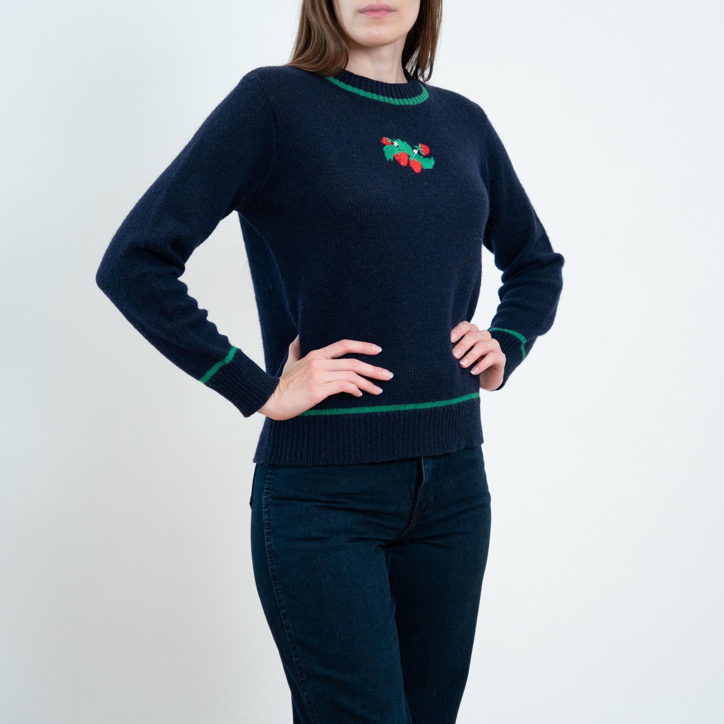 Vintage 70s Navy Blue Strawberry Sweater - Medium
