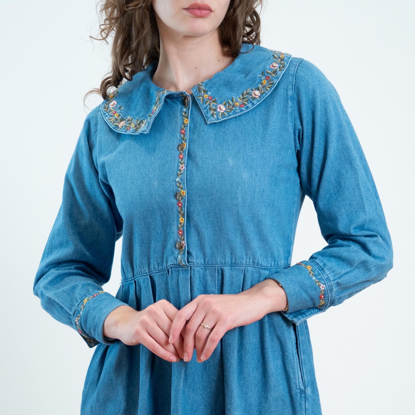 Vintage 80s Chambray Floral Embroidered Collar Shirtdress - Medium