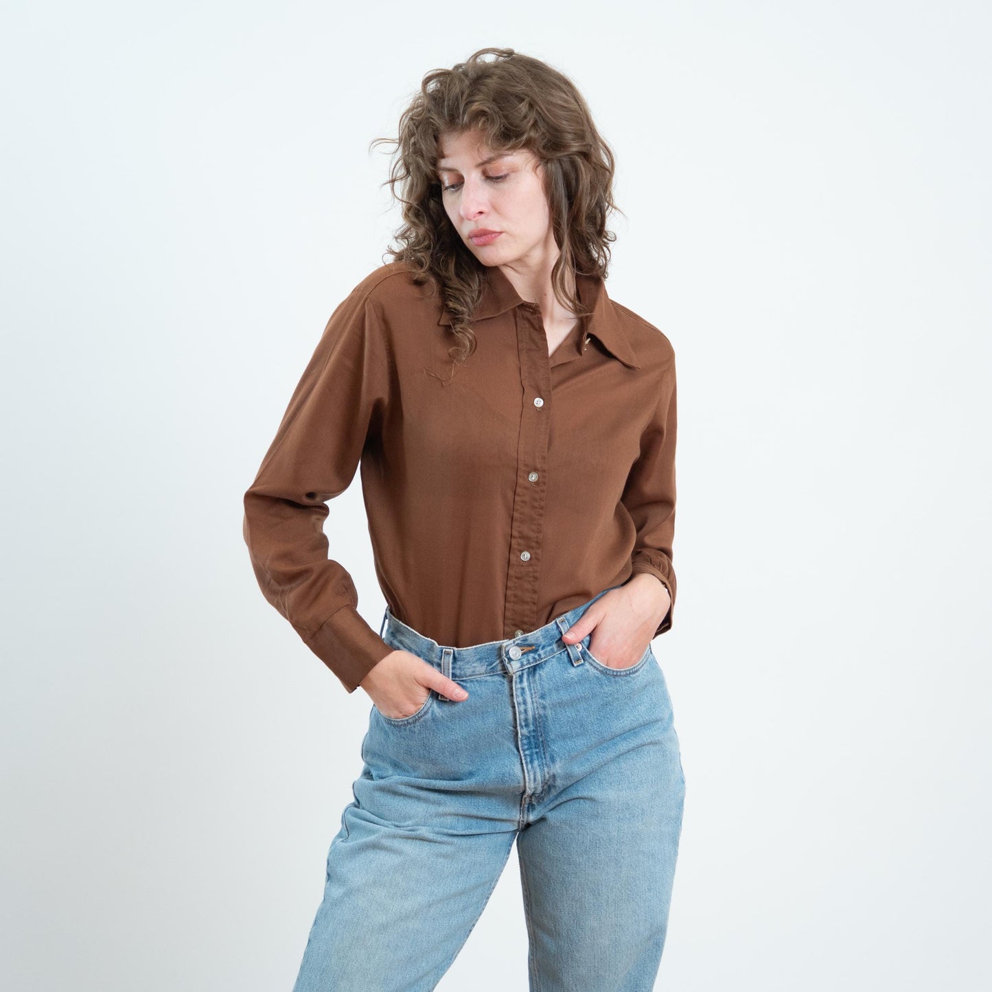 Vintage 70s Cocoa Brown Wing Tip Collar Shirt - Extra Large 