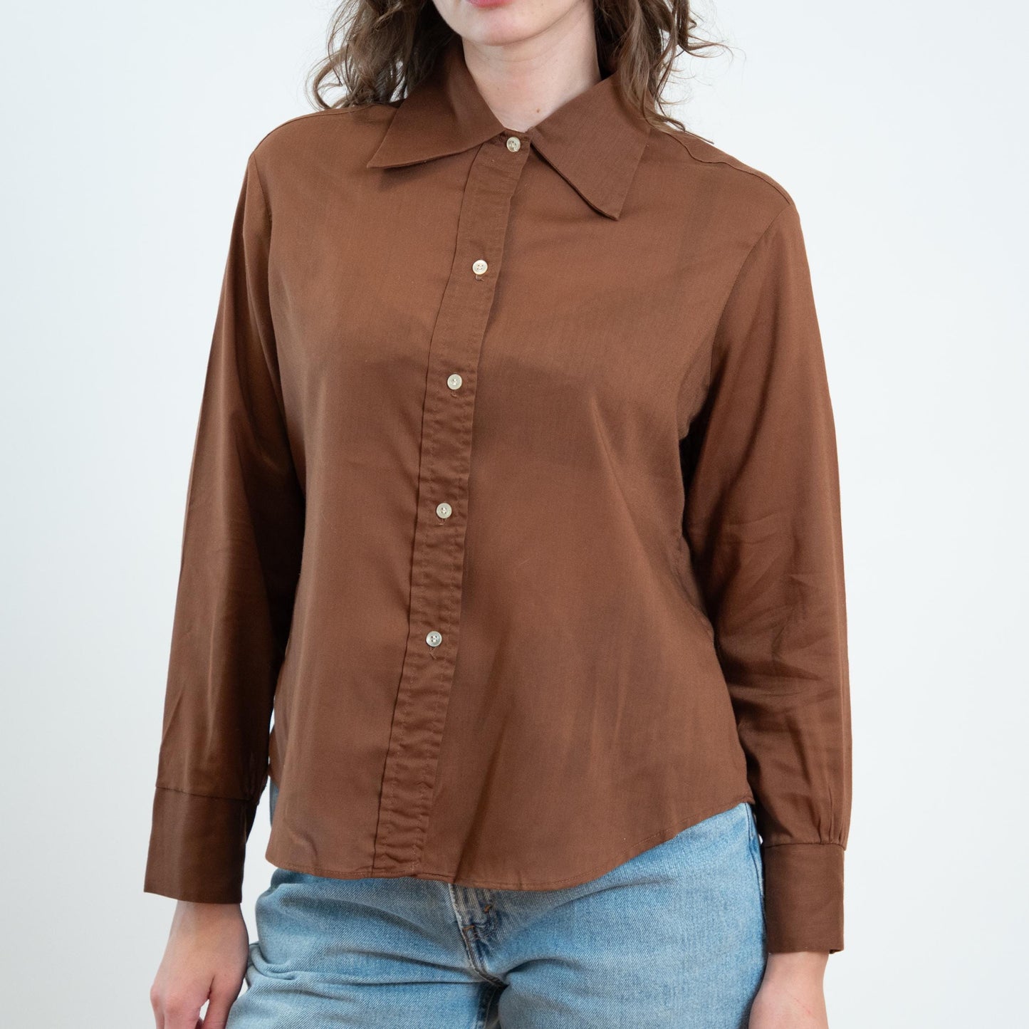 Vintage 70s Cocoa Brown Wing Tip Collar Shirt - Extra Large 