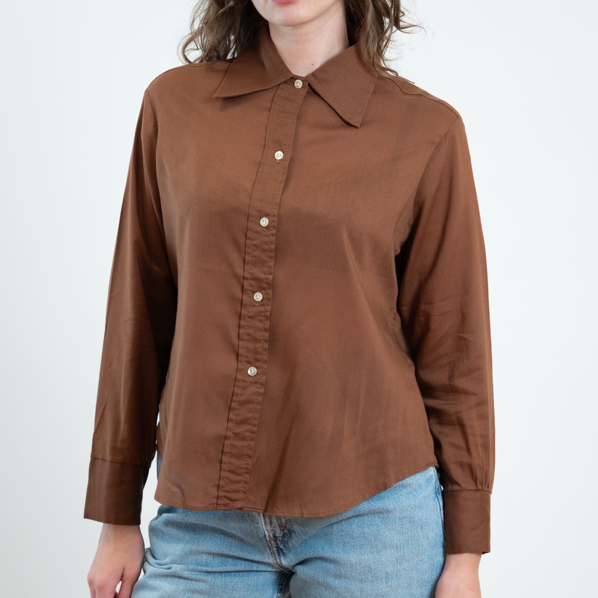 Vintage 70s Cocoa Brown Wing Tip Collar Shirt - Extra Large 