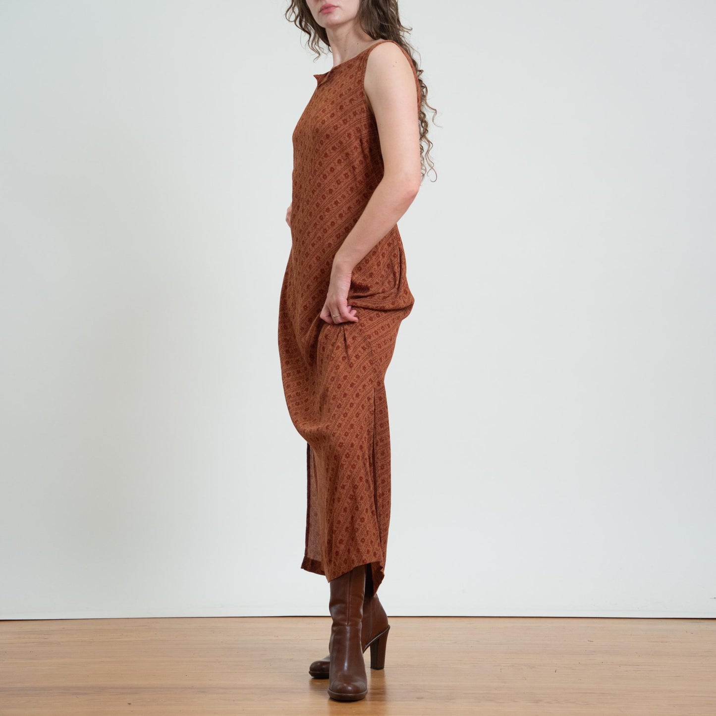 Vintage 90s Burnt Orange Floral Maxi Sundress - Large