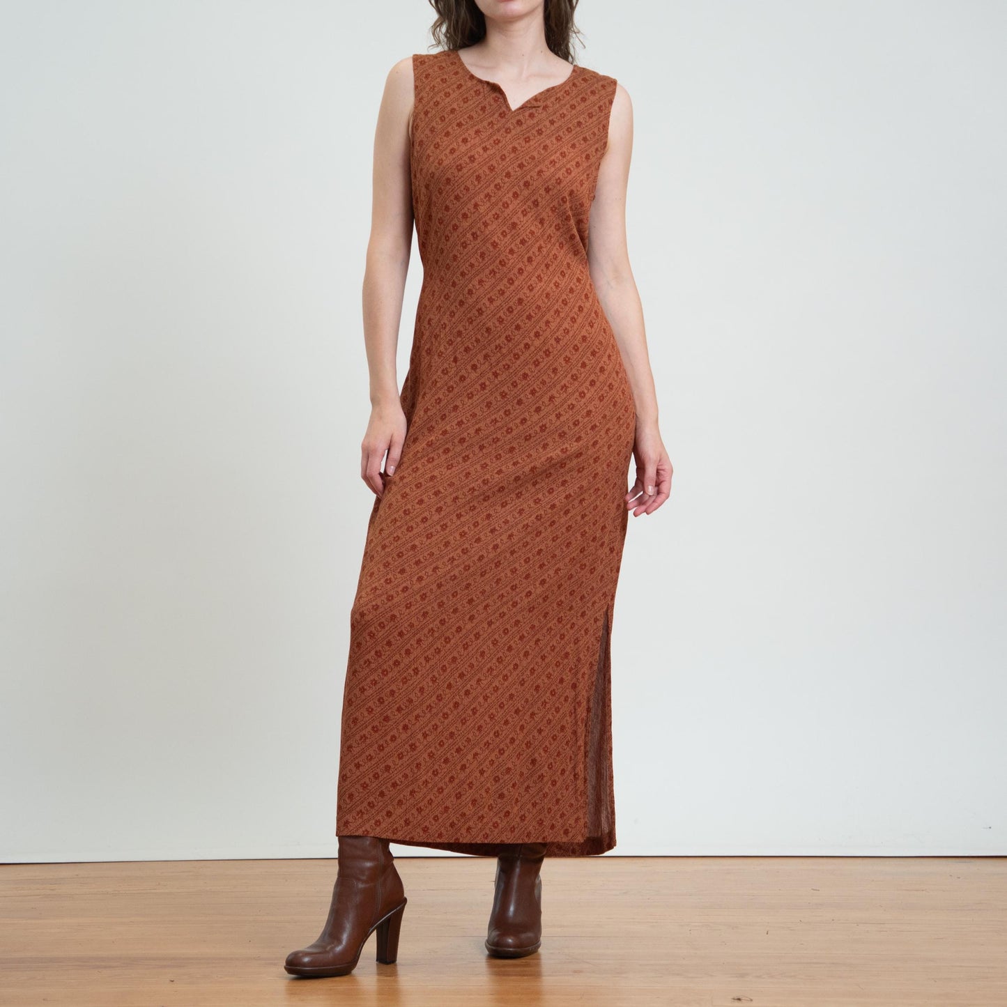 Vintage 90s Burnt Orange Floral Maxi Sundress - Large