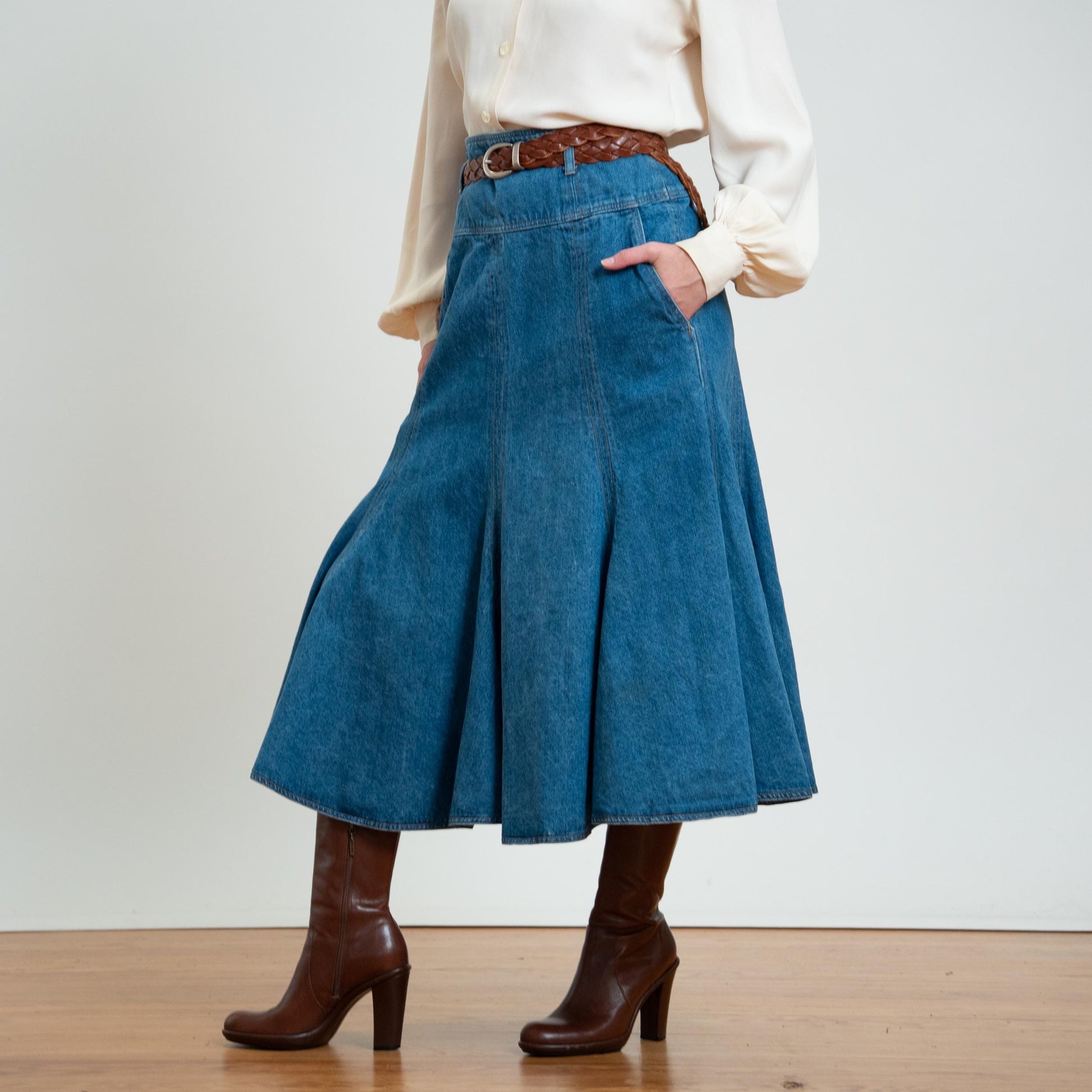 Vintage 90s Denim Midi Trumpet Skirt - Medium, 29" Waist |
