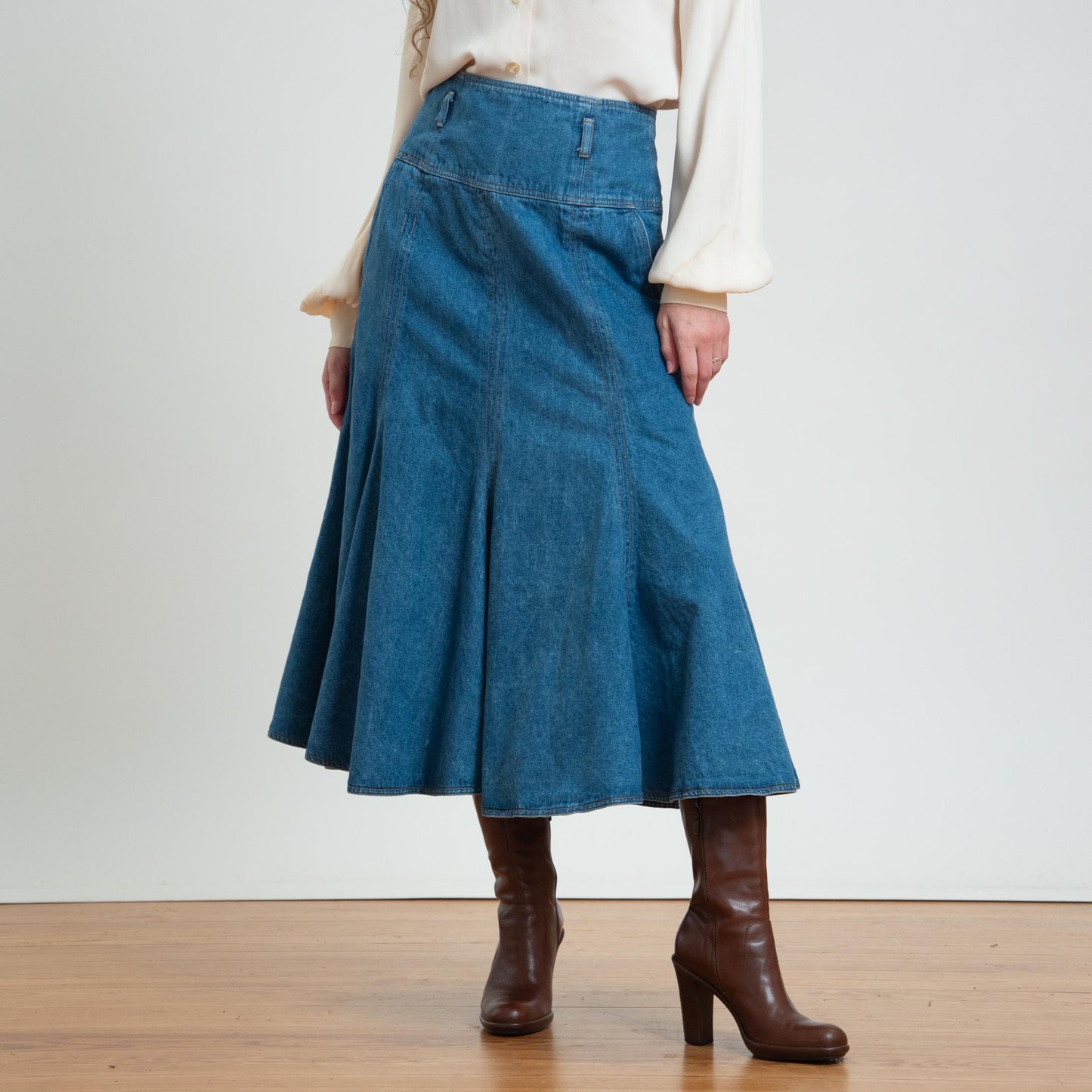 Vintage 90s Denim Midi Trumpet Skirt - Medium, 29" Waist |