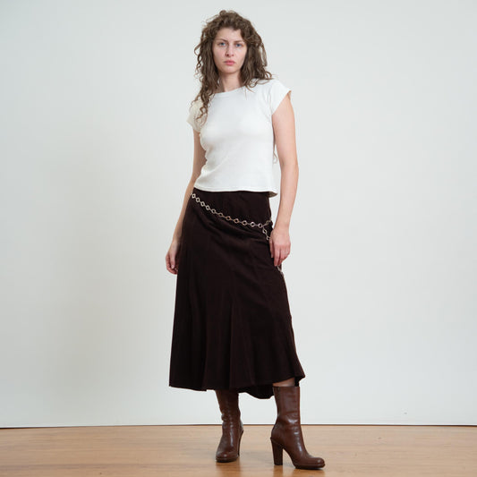 Vintage 90s Dark Brown Corduroy Midi Skirt - Large
