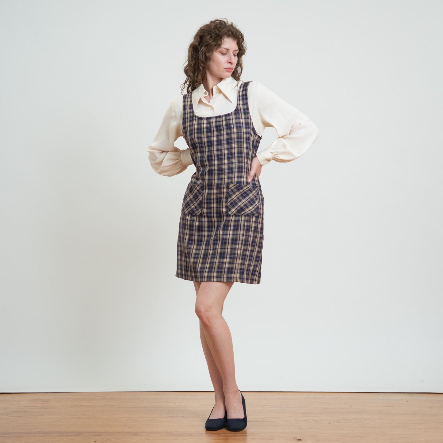 Vintage 90s Plaid Pinafore Mini Schoolgirl Dress - Large