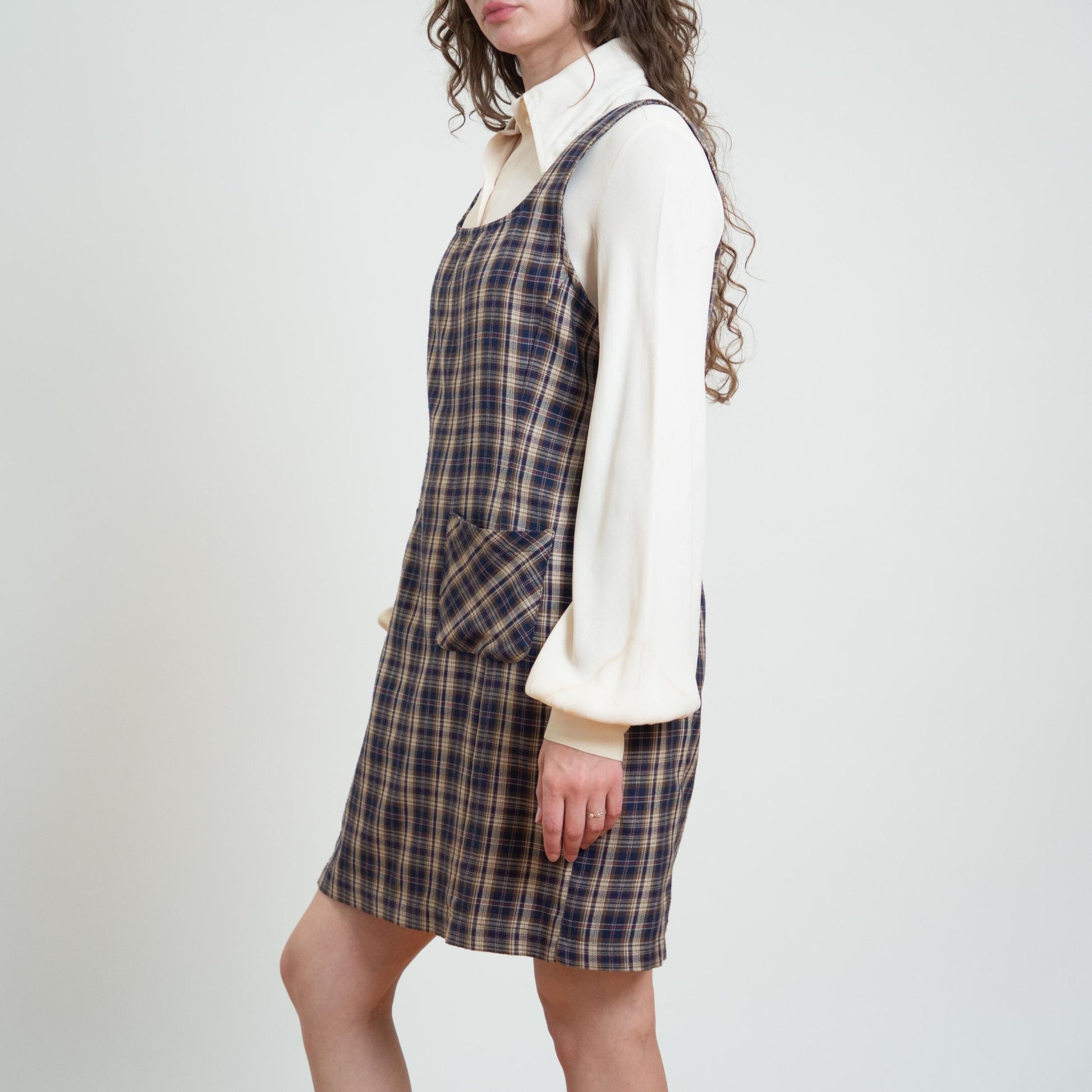 Vintage 90s Plaid Pinafore Mini Schoolgirl Dress - Large