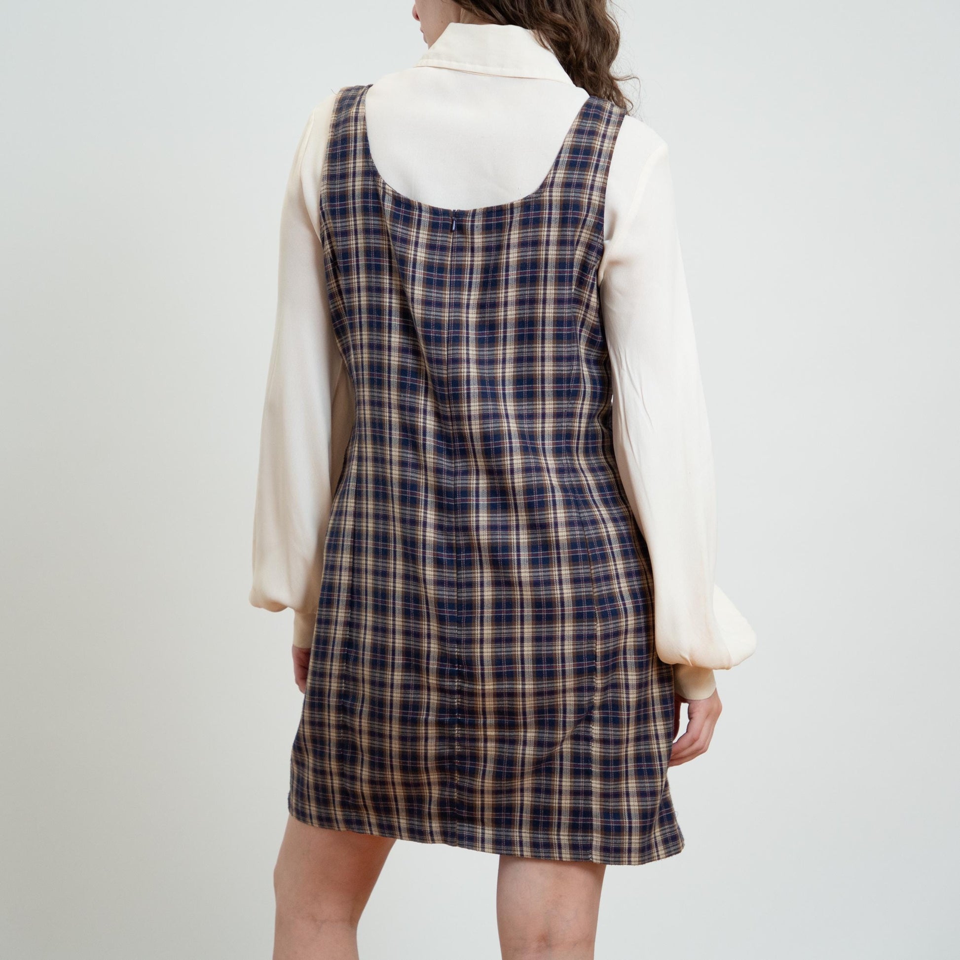 Vintage 90s Plaid Pinafore Mini Schoolgirl Dress - Large