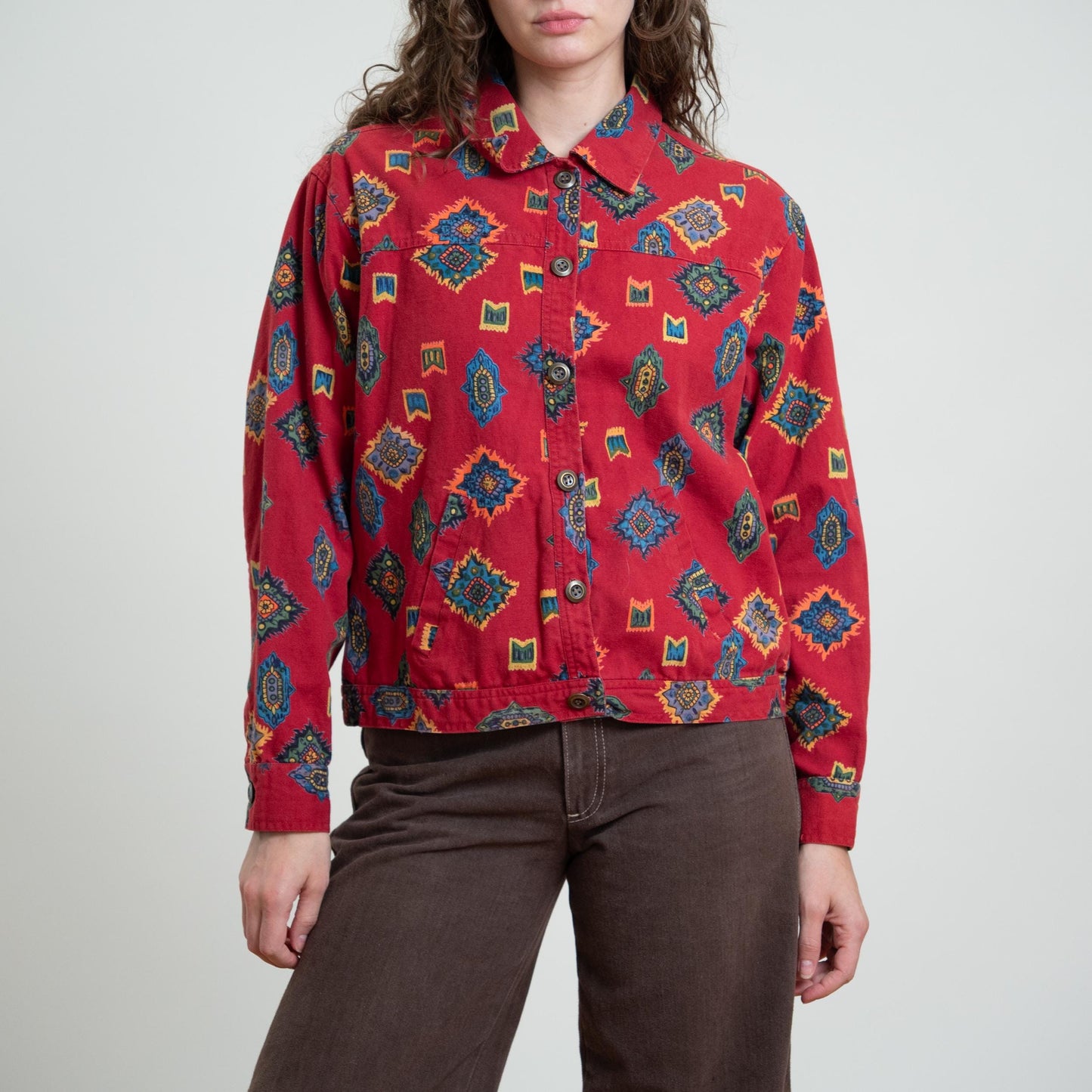 Vintage 90s Red Southwestern Print Cotton Jacket - Petite XL