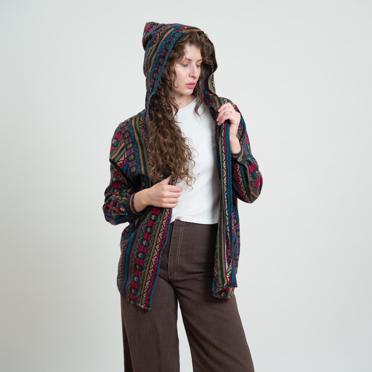 Vintage 80s Southwestern Jewel Tone Striped Hoodie - Large