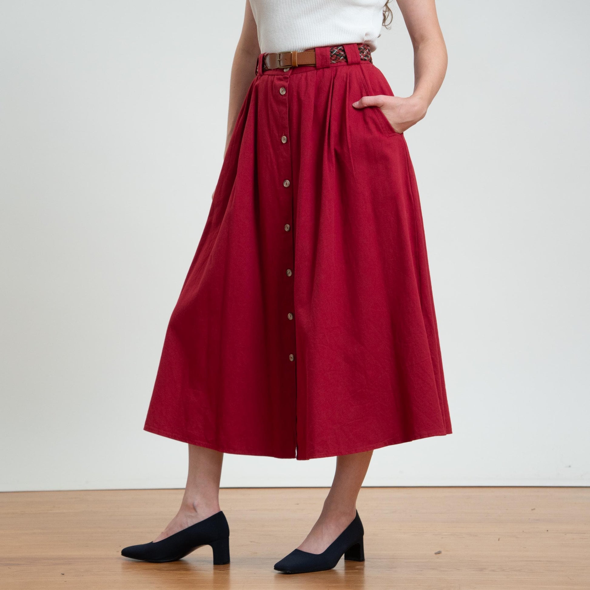 Vintage 80s Wine Red Woven Belt Midi Skirt - Large