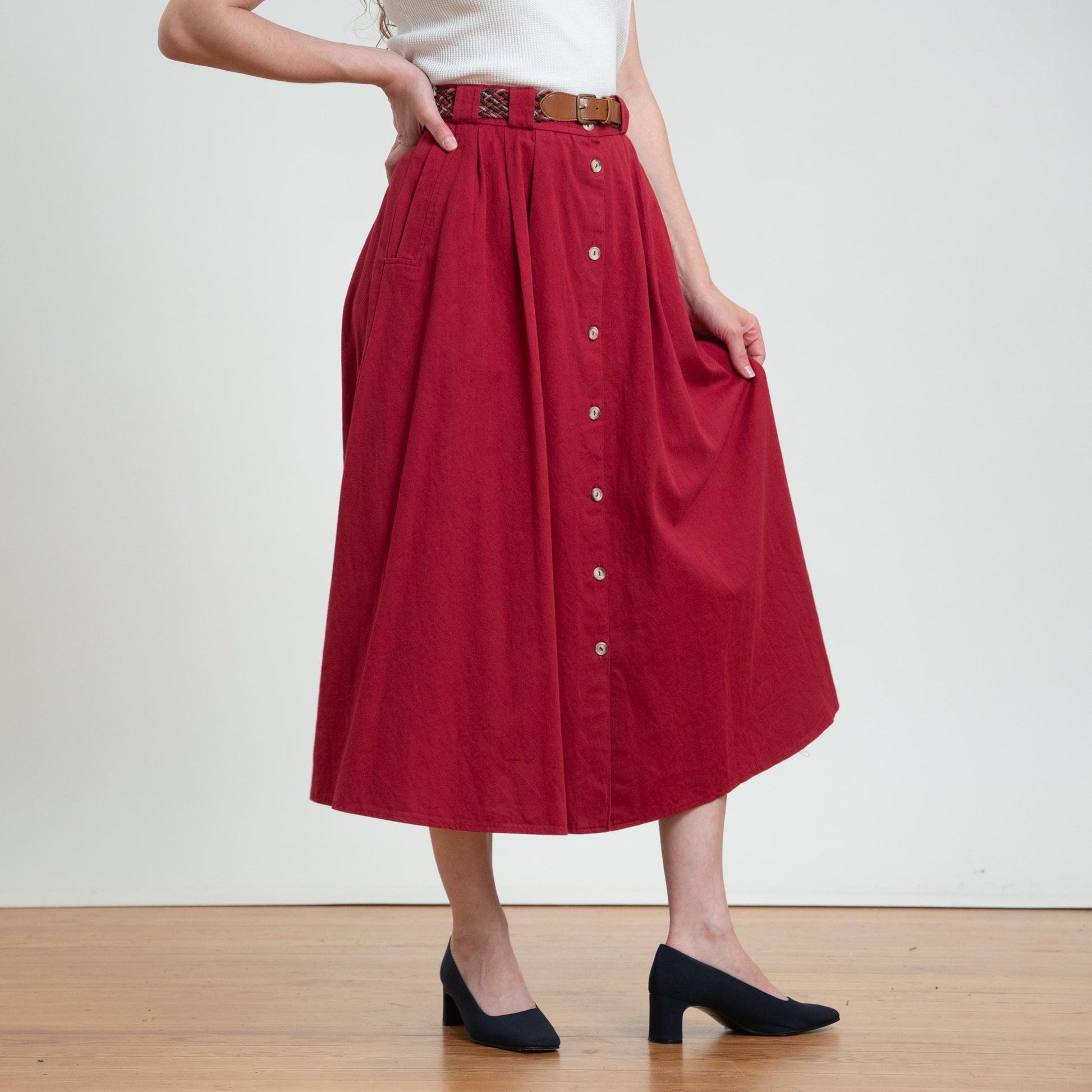 Vintage 80s Wine Red Woven Belt Midi Skirt - Large