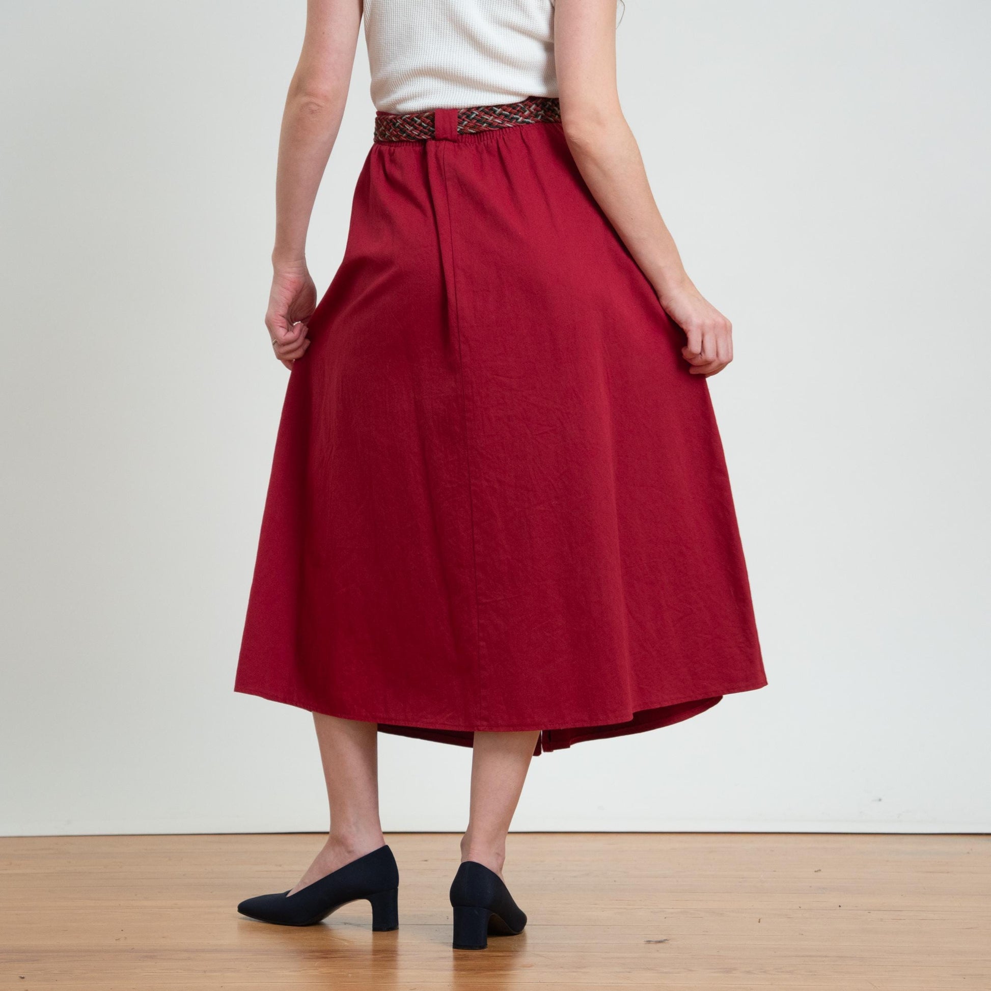 Vintage 80s Wine Red Woven Belt Midi Skirt - Large